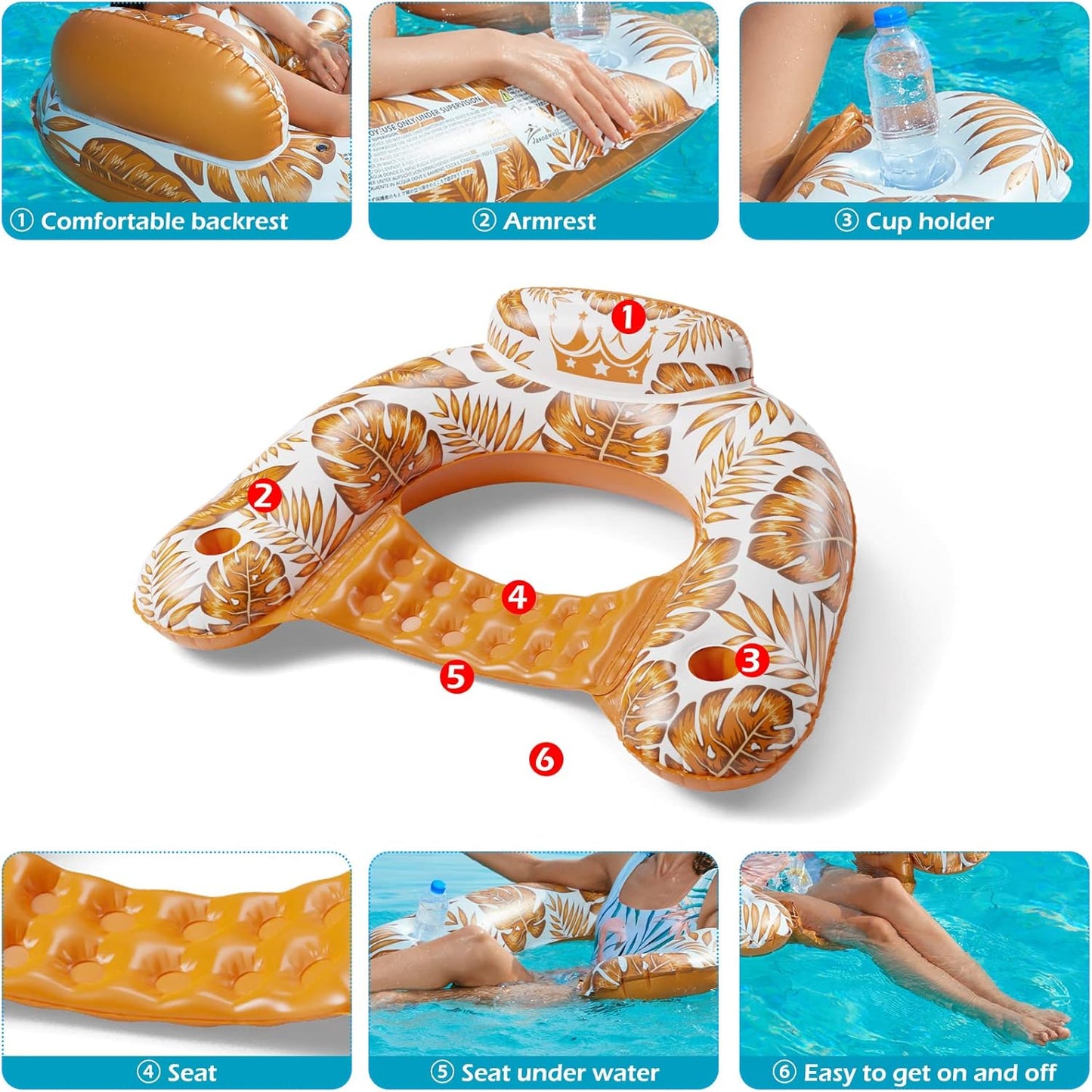 Jasonwell Inflatable Pool Float Chair 2-Pack, X-Large, Multi-Color Floating Lounge Chair with Cup Holders for Adults