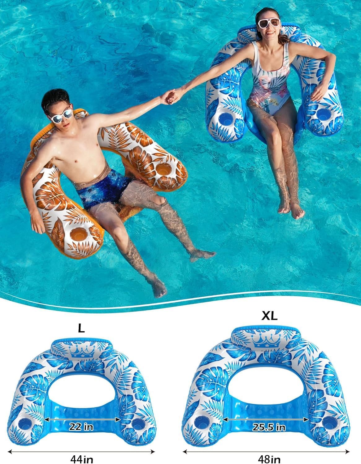 Jasonwell Inflatable Pool Float Chair 2-Pack, X-Large, Multi-Color Floating Lounge Chair with Cup Holders for Adults