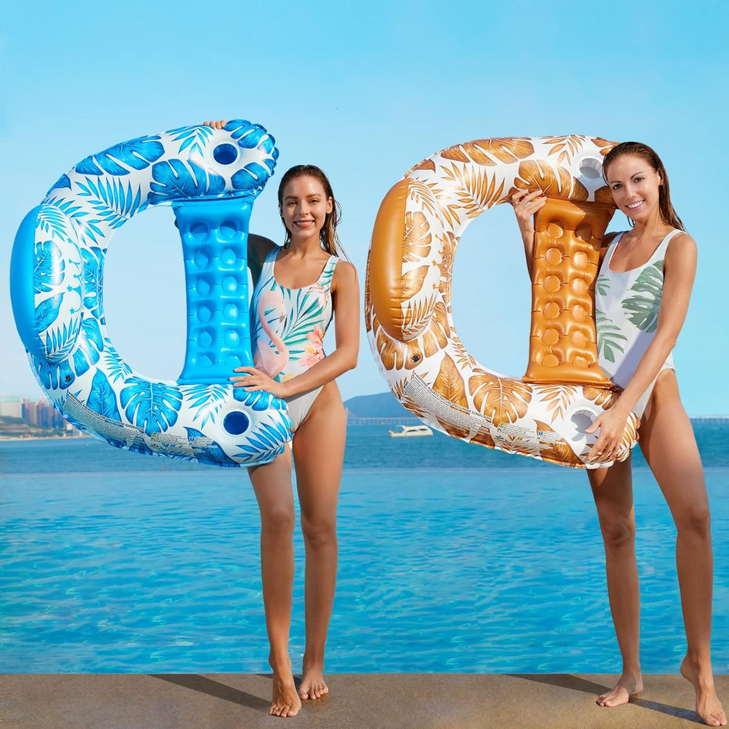 Jasonwell Inflatable Pool Float Chair 2-Pack, X-Large, Multi-Color Floating Lounge Chair with Cup Holders for Adults