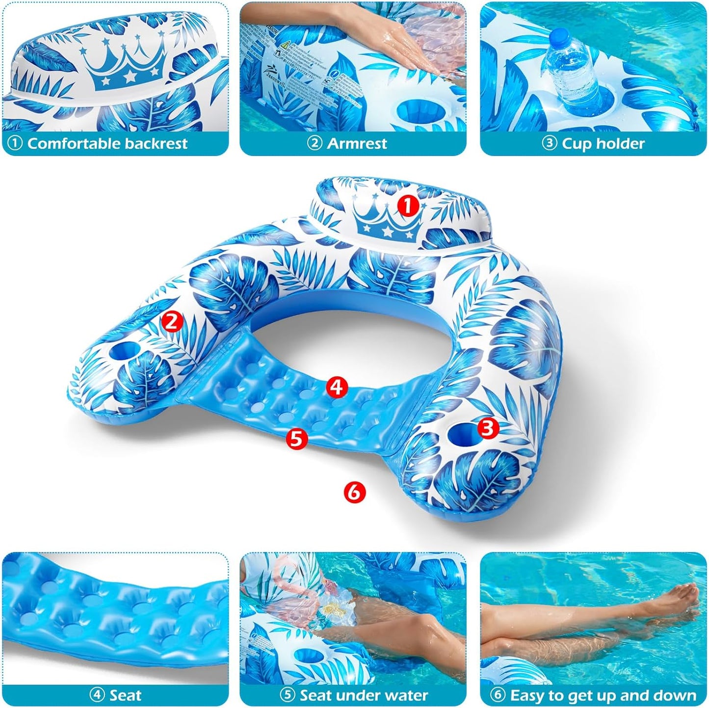 Jasonwell Inflatable Pool Float Chair, Large, Blue Floating Lounger with Cup Holders for Adults, Pool Party Floaties