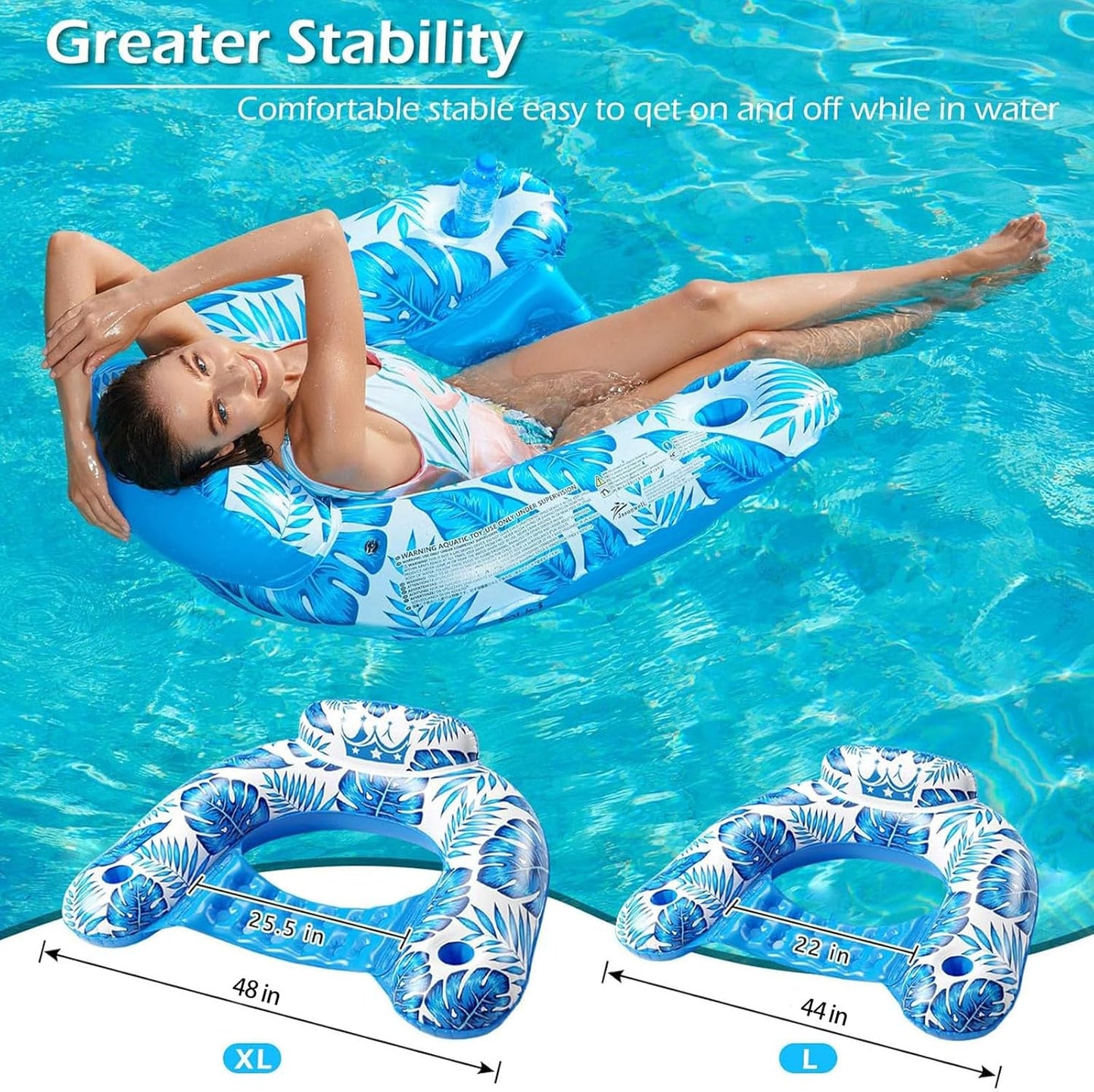 Jasonwell Inflatable Pool Float Chair, Large, Blue Floating Lounger with Cup Holders for Adults, Pool Party Floaties