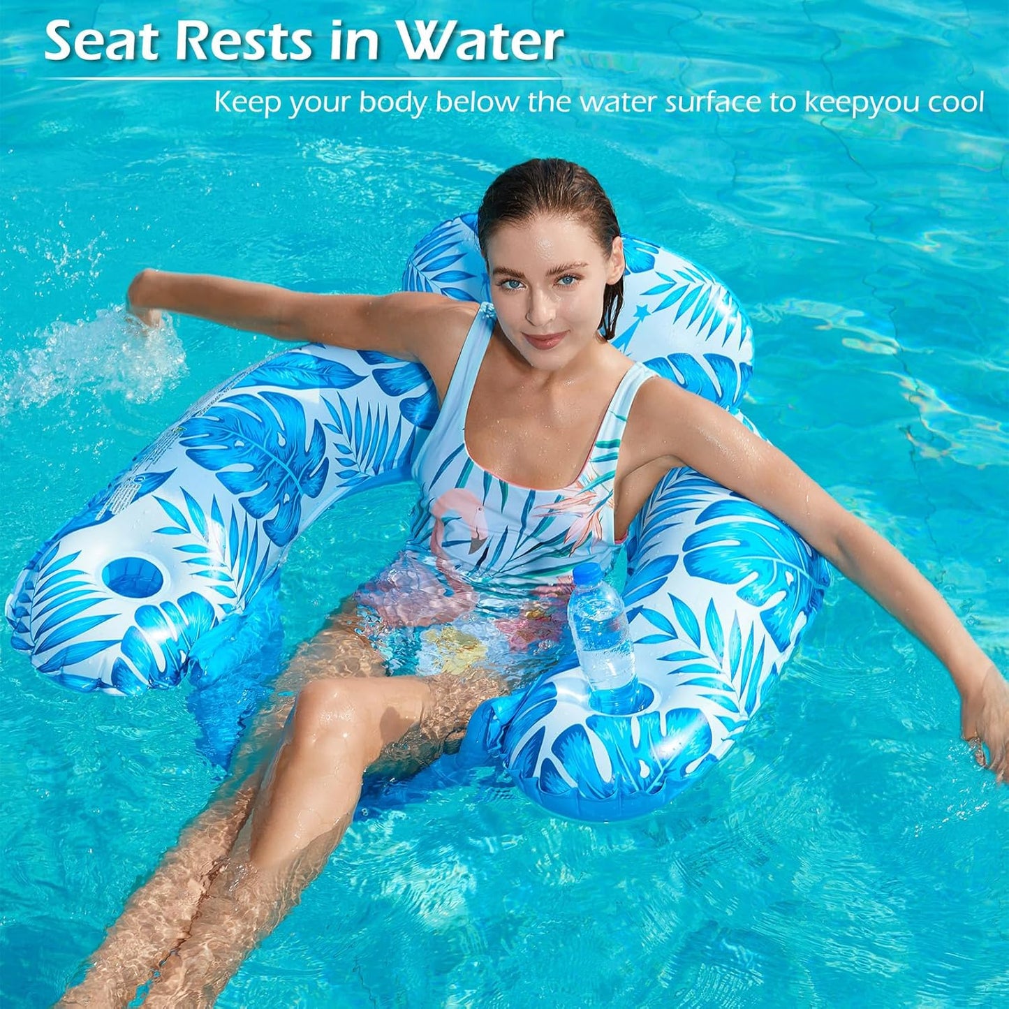 Jasonwell Inflatable Pool Float Chair, X-Large, Blue with Cup Holders for Adults, Pool Lounger & Party Floaty