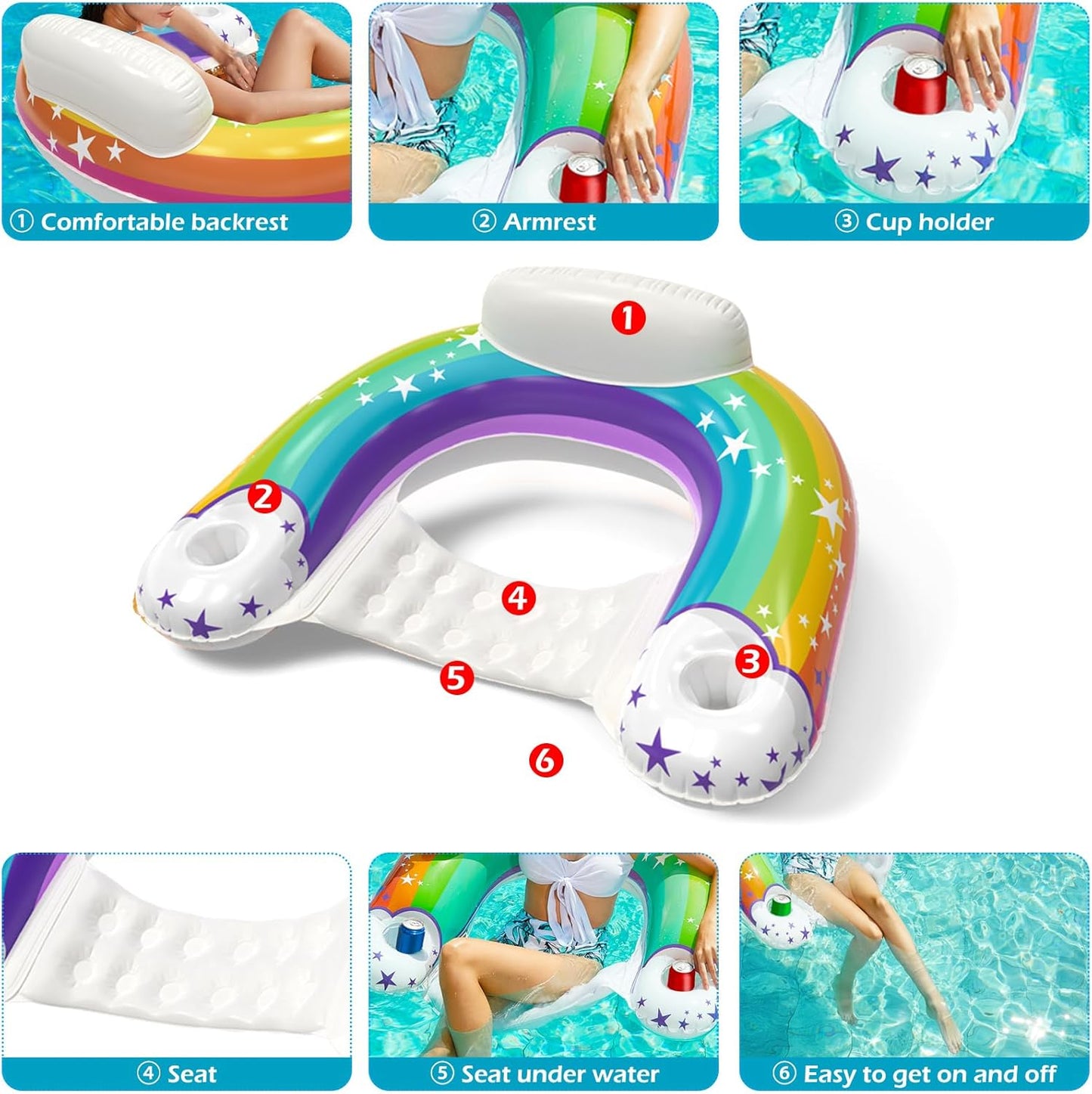 Jasonwell Inflatable Pool Float Chair, X-Large, Rainbow Floating Lounger with Cup Holders for Adults, Pool Party Floaties