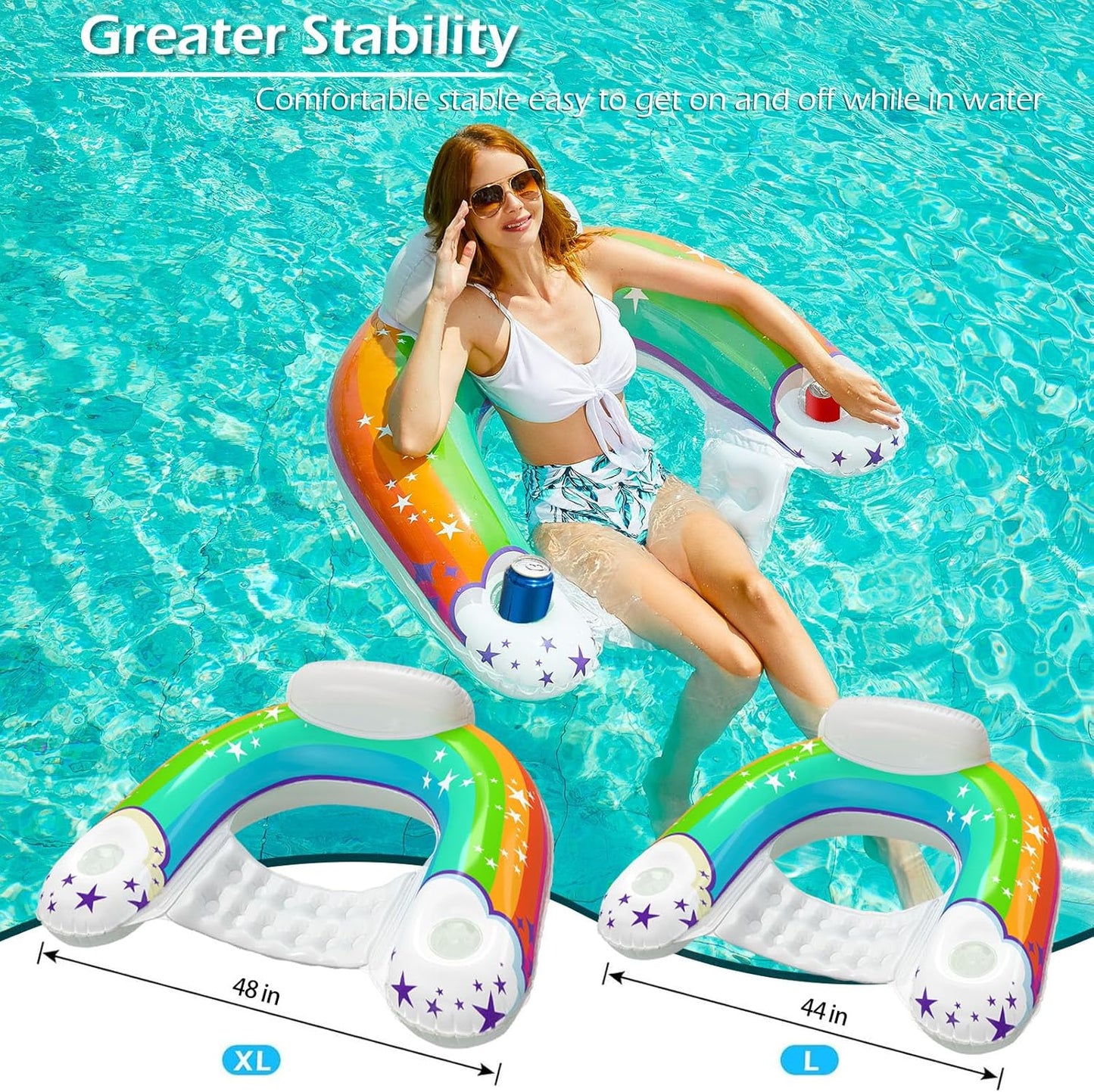 Jasonwell Inflatable Pool Float Chair, X-Large, Rainbow Floating Lounger with Cup Holders for Adults, Pool Party Floaties