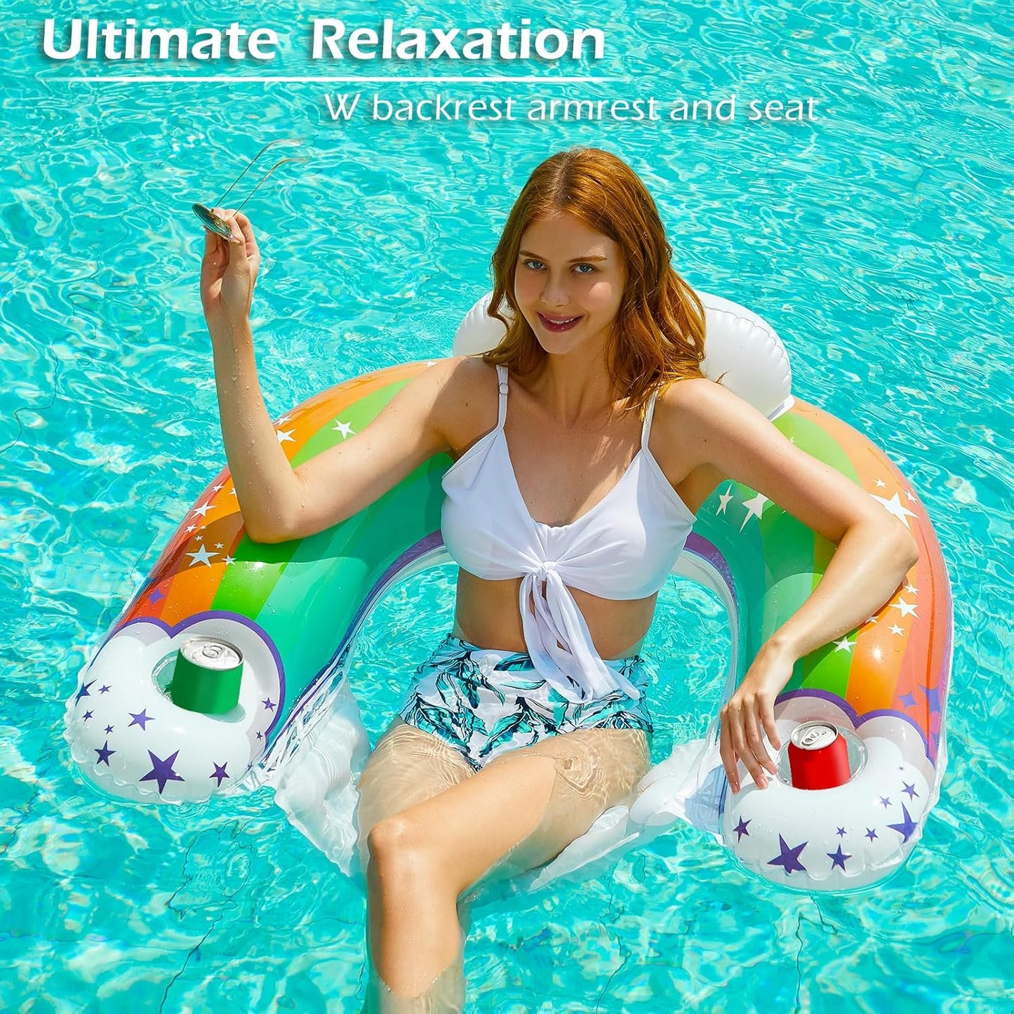 Jasonwell Inflatable Pool Float Chair, X-Large, Rainbow Floating Lounger with Cup Holders for Adults, Pool Party Floaties