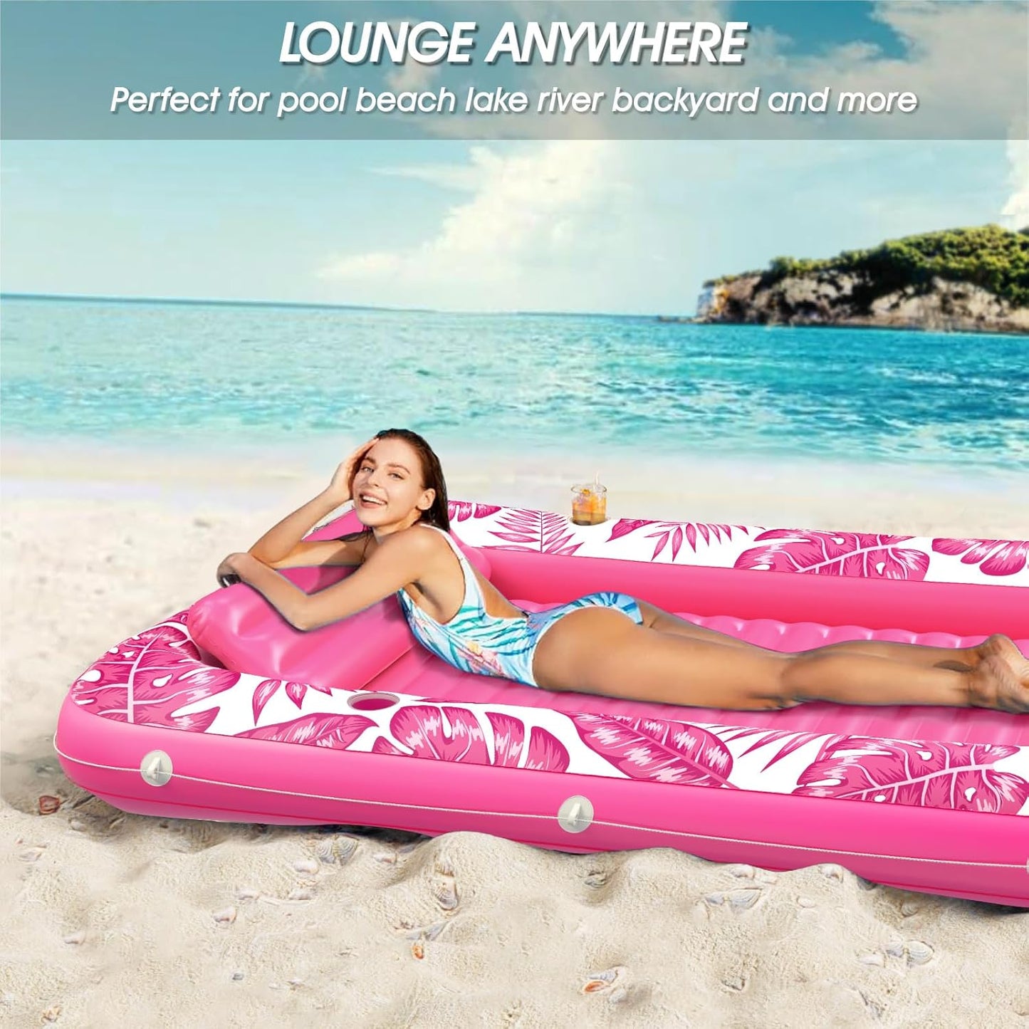Jasonwell 4-in-1 Inflatable Tanning Lounger, Sun Tan Tub & Pool Raft, Water-Filled Mat/Pad for Adults & Kids (XL), Rose Pink