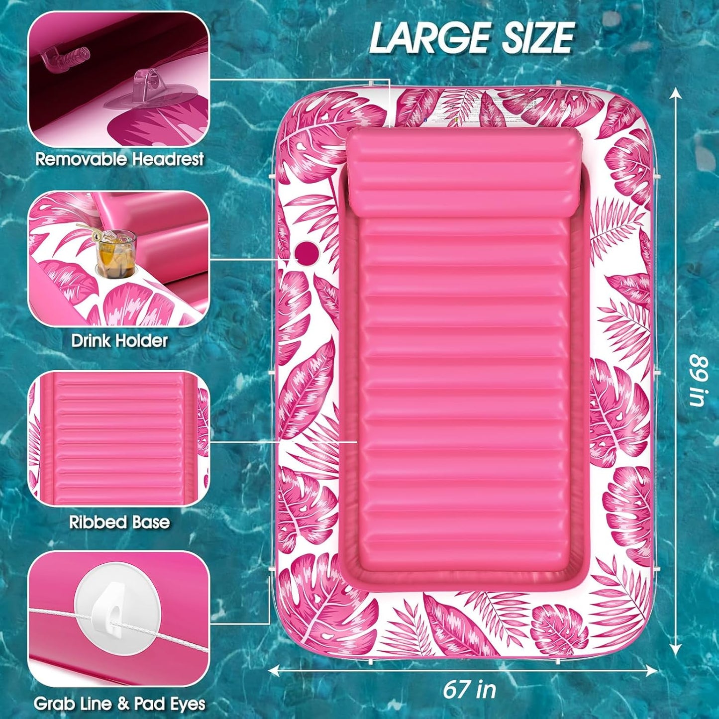 Jasonwell 4-in-1 Inflatable Tanning Lounger, Sun Tan Tub & Pool Raft, Water-Filled Mat/Pad for Adults & Kids (XXL), Rose Pink