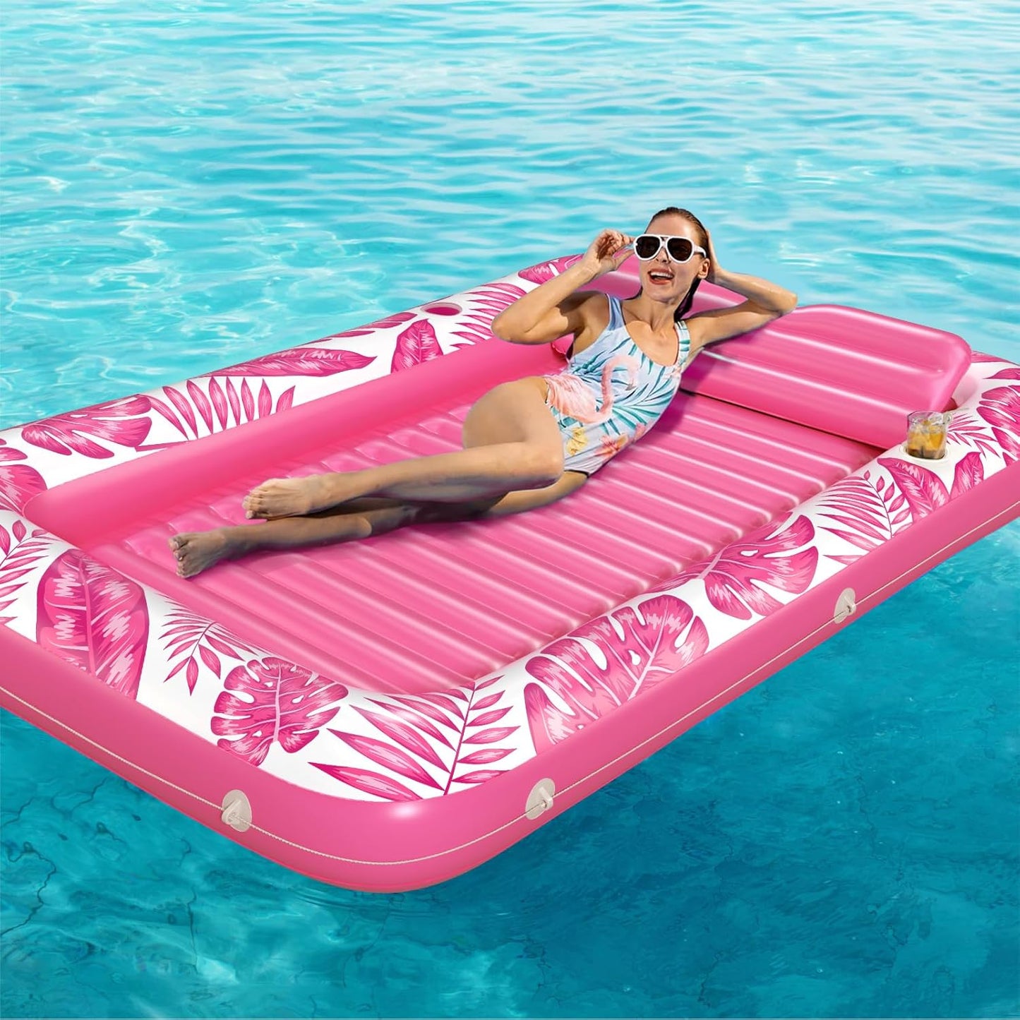 Jasonwell 4-in-1 Inflatable Tanning Lounger, Sun Tan Tub & Pool Raft, Water-Filled Mat/Pad for Adults & Kids (XXL), Rose Pink