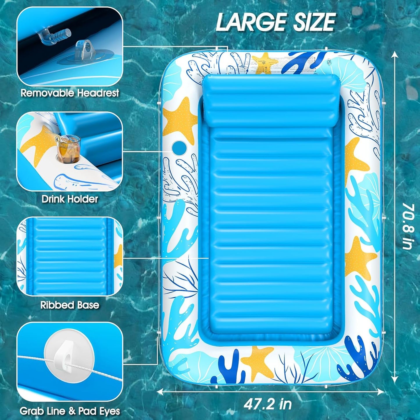 Jasonwell 4-in-1 Inflatable Tanning Lounger, Sun Tan Tub & Pool Raft, Water-Filled Mat/Pad for Adults & Kids (Large), Ocean Aqua