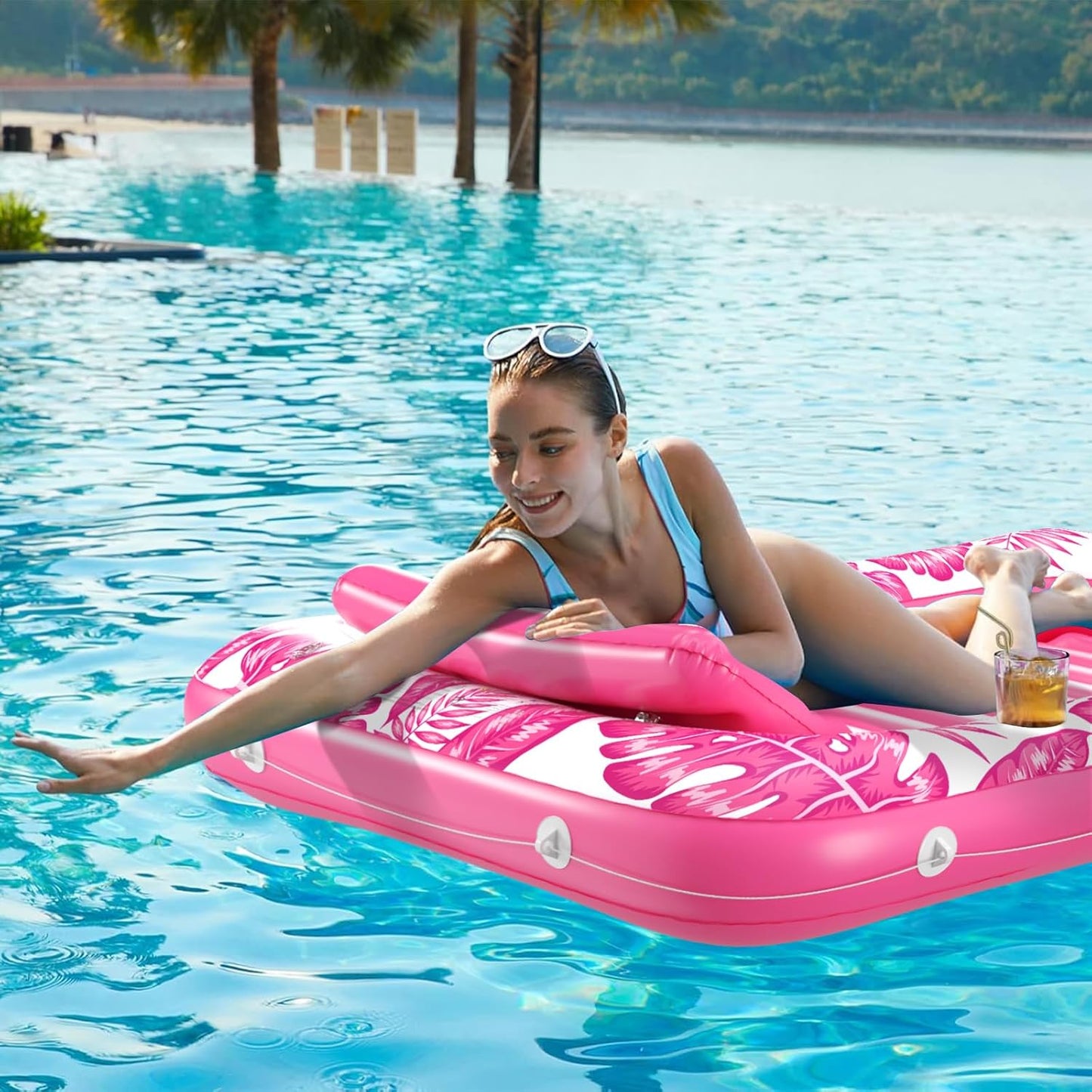 Jasonwell 4-in-1 Inflatable Tanning Lounger, Sun Tan Tub & Pool Raft, Water-Filled Mat/Pad for Adults & Kids (Large), Rose Pink