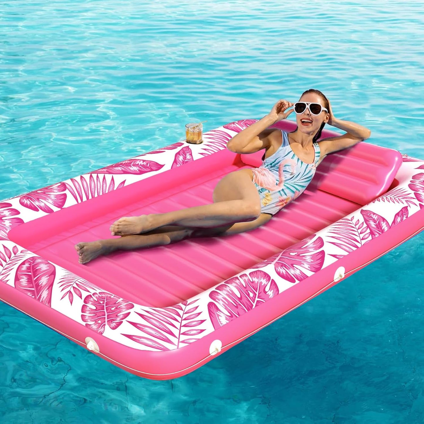 Jasonwell 4-in-1 Inflatable Tanning Lounger, Sun Tan Tub & Pool Raft, Water-Filled Mat/Pad for Adults & Kids (Large), Rose Pink