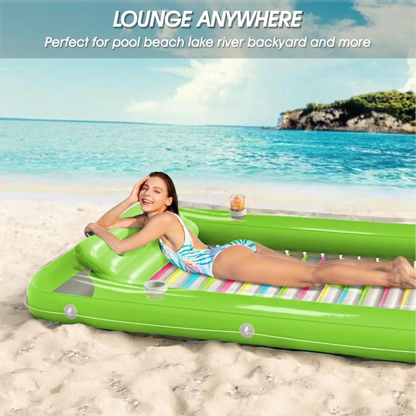Jasonwell 4-in-1 Inflatable Tanning Lounger, Sun Tan Tub & Pool Raft, Water-Filled Mat for Adults & Kids (XL), Lime with Reflective Base