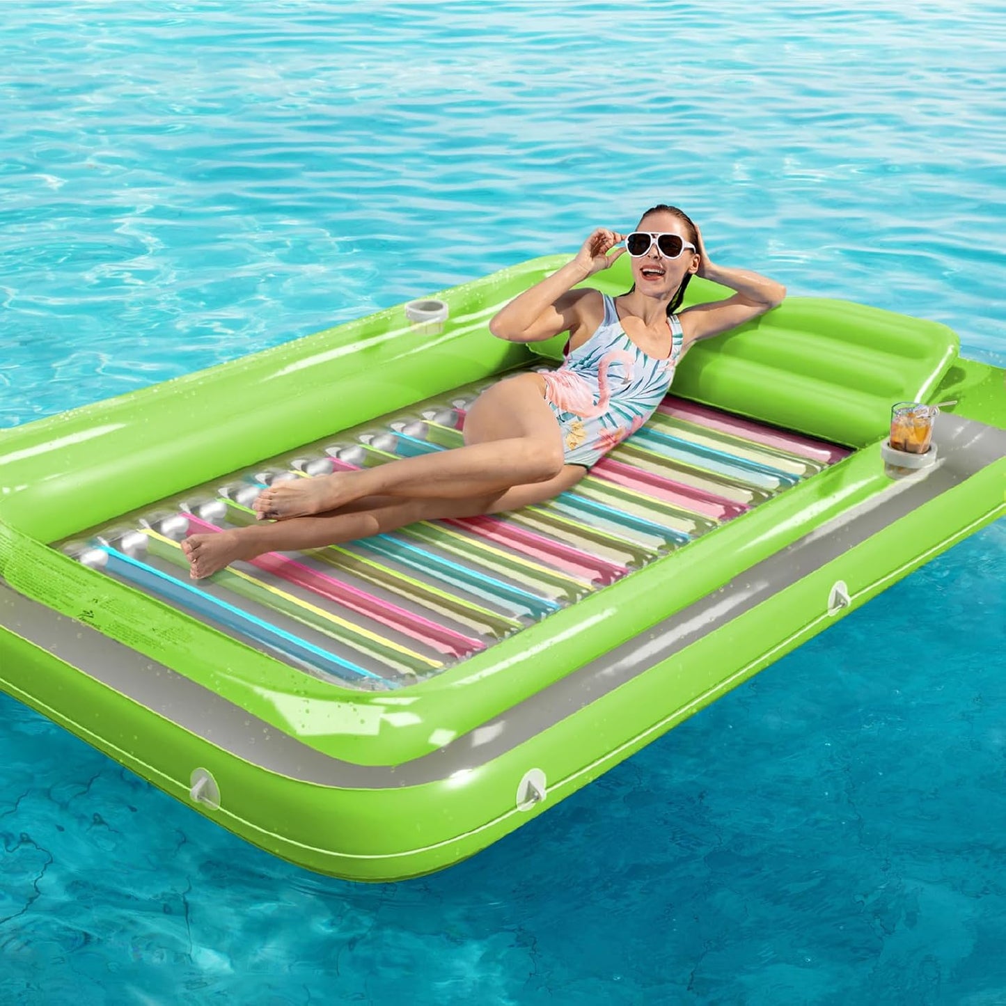 Jasonwell 4-in-1 Inflatable Tanning Lounger, Sun Tan Tub & Pool Raft, Water-Filled Mat for Adults & Kids (XXL), Lime with Reflective Base