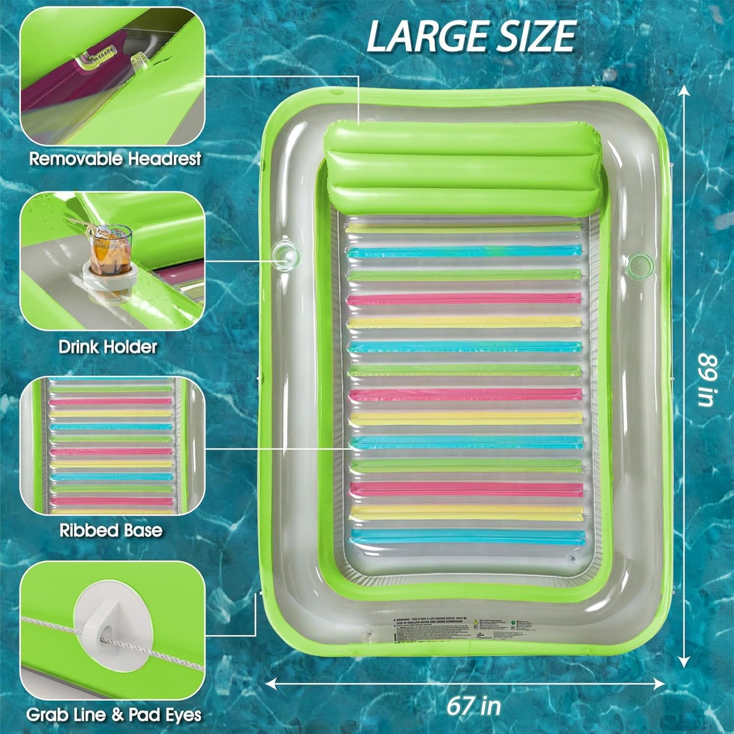 Jasonwell 4-in-1 Inflatable Tanning Lounger, Sun Tan Tub & Pool Raft, Water-Filled Mat for Adults & Kids (XXL), Lime with Reflective Base