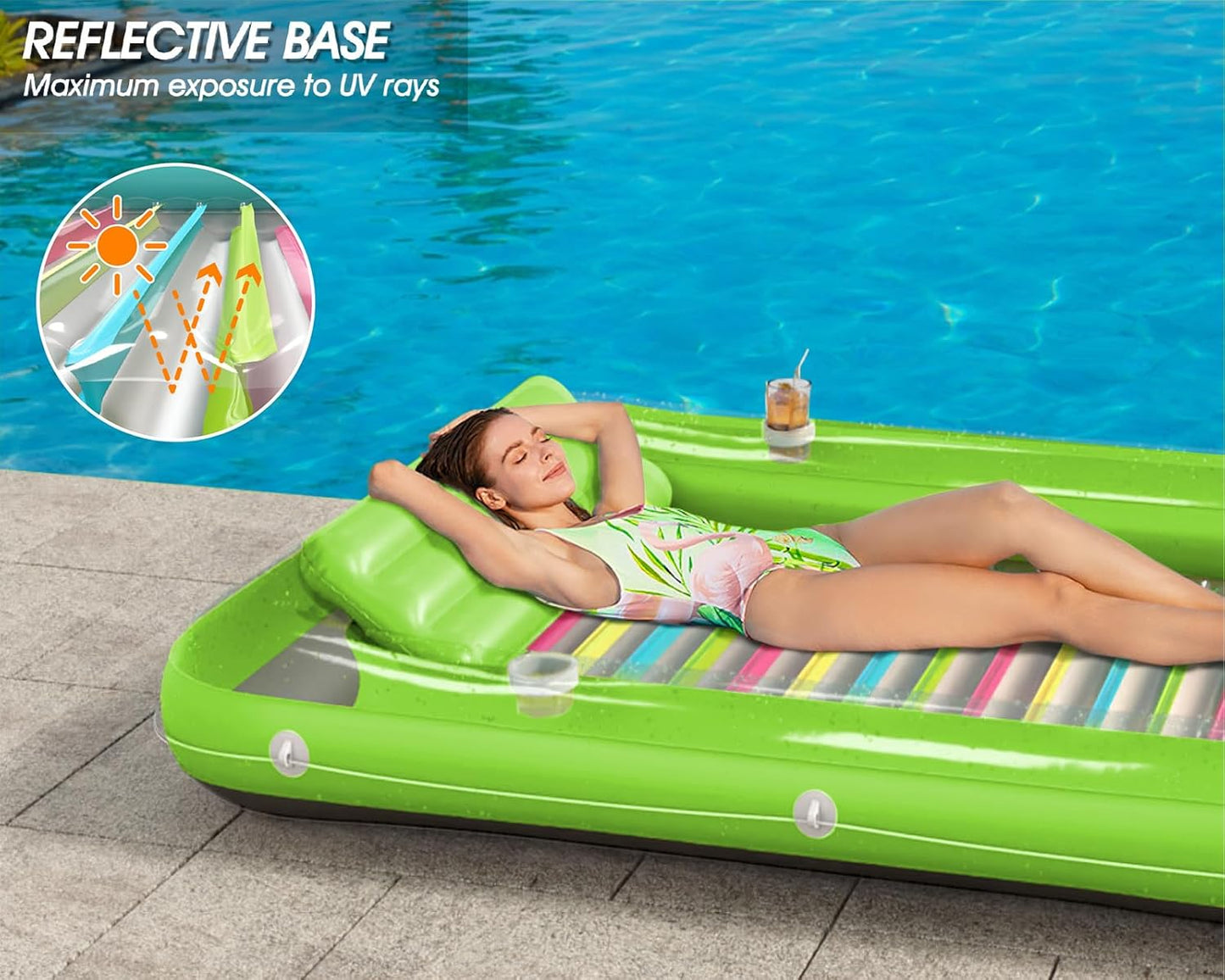 Jasonwell 4-in-1 Inflatable Tanning Lounger, Sun Tan Tub & Pool Raft, Water-Filled Mat for Adults & Kids (XXL), Lime with Reflective Base