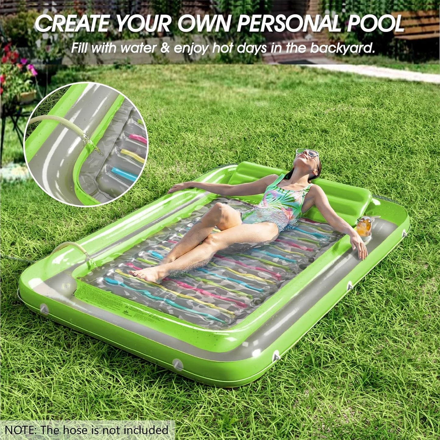 Jasonwell 4-in-1 Inflatable Tanning Lounger, Sun Tan Tub & Pool Raft, Water-Filled Mat for Adults & Kids (XXL), Lime with Reflective Base