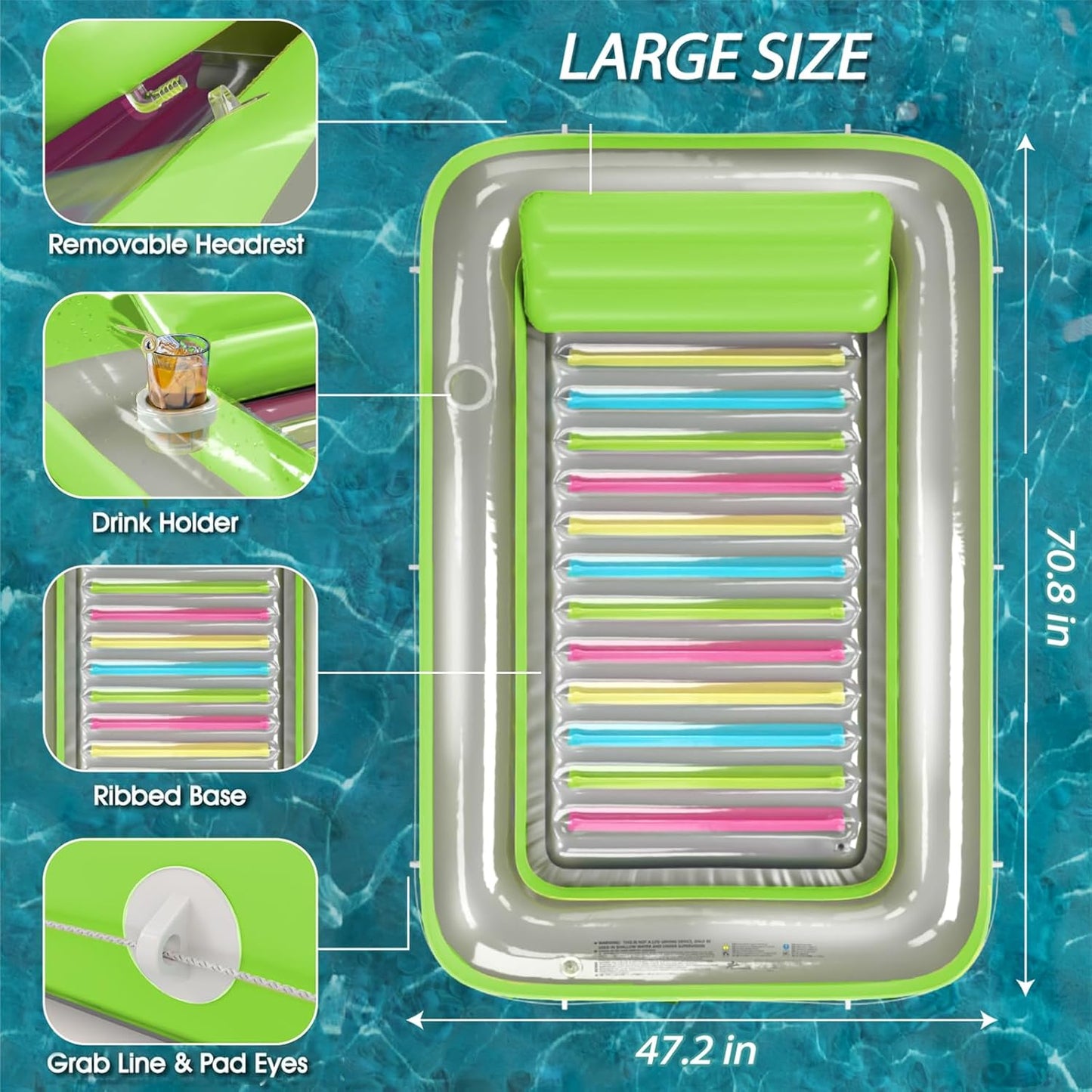 Jasonwell 4-in-1 Inflatable Tanning Lounger, Sun Tan Tub & Pool Raft, Water-Filled Mat for Adults & Kids (Large), Lime with Reflective Base