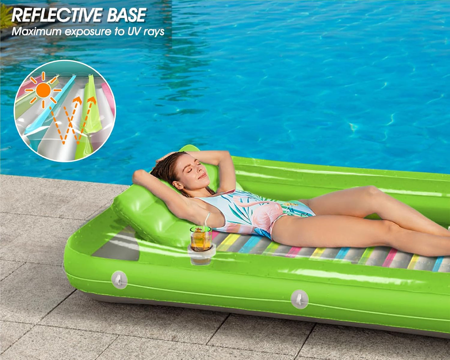 Jasonwell 4-in-1 Inflatable Tanning Lounger, Sun Tan Tub & Pool Raft, Water-Filled Mat for Adults & Kids (Large), Lime with Reflective Base