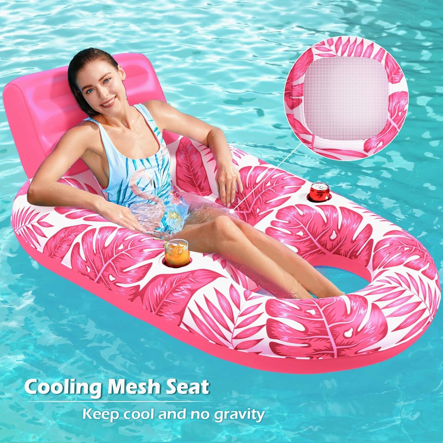 Jasonwell Inflatable Pool Float for Adults, Lounger Raft with Cup Holders, Floating Chair for Pool, Lake & Beach, Tropical Rose