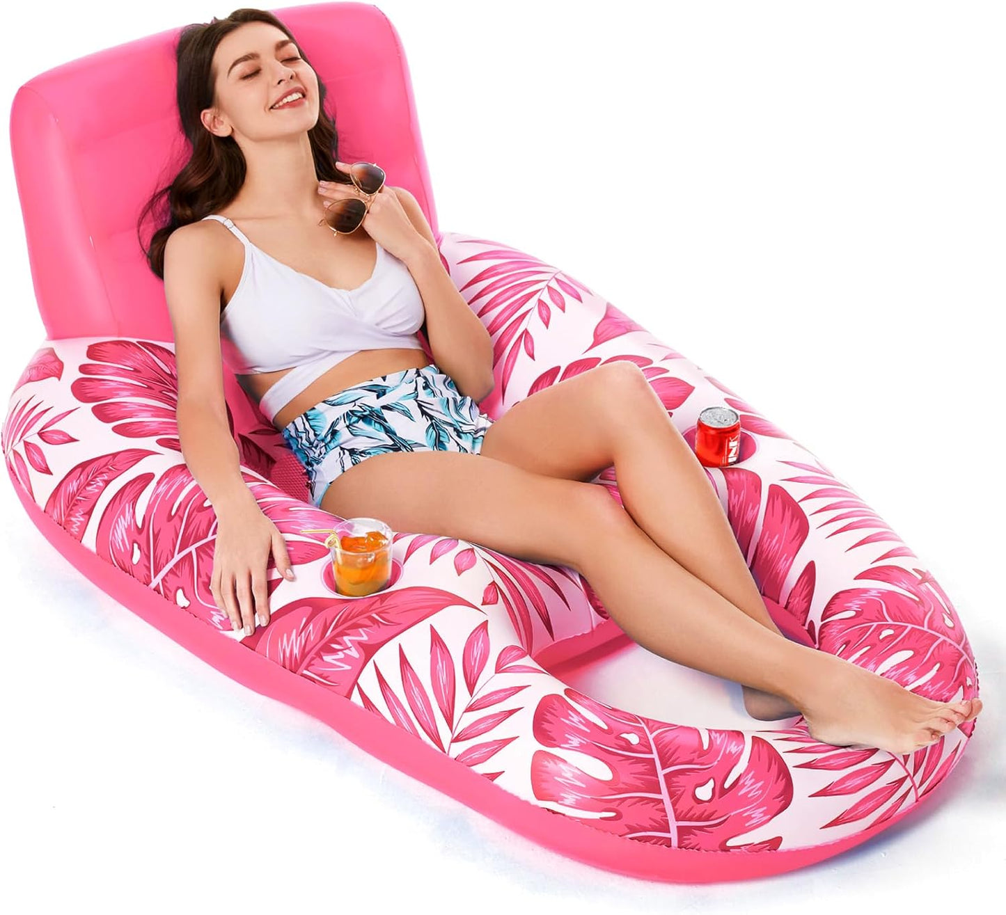 Jasonwell Inflatable Pool Float for Adults, Lounger Raft with Cup Holders, Floating Chair for Pool, Lake & Beach, Tropical Rose