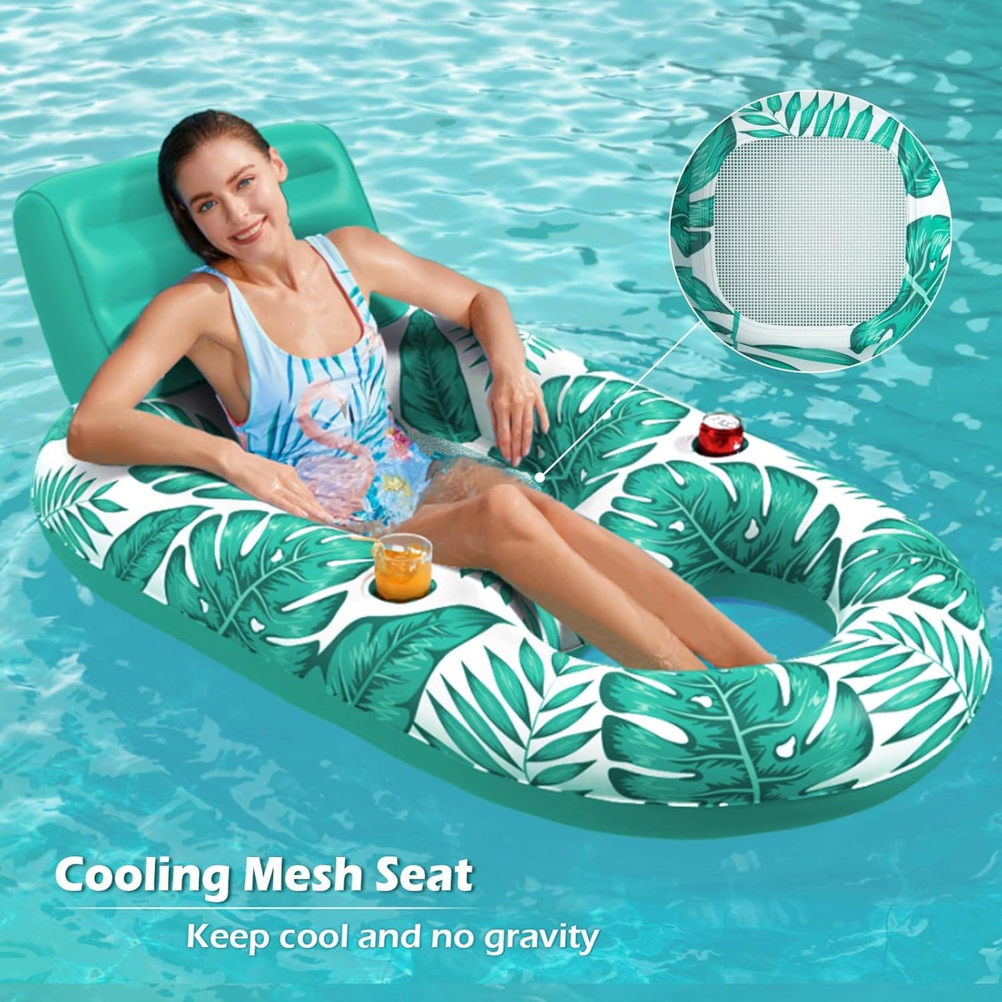 Jasonwell Inflatable Pool Float for Adults, Lounger Raft with Cup Holders, Floating Chair for Pool, Lake & Beach, Tropical Green