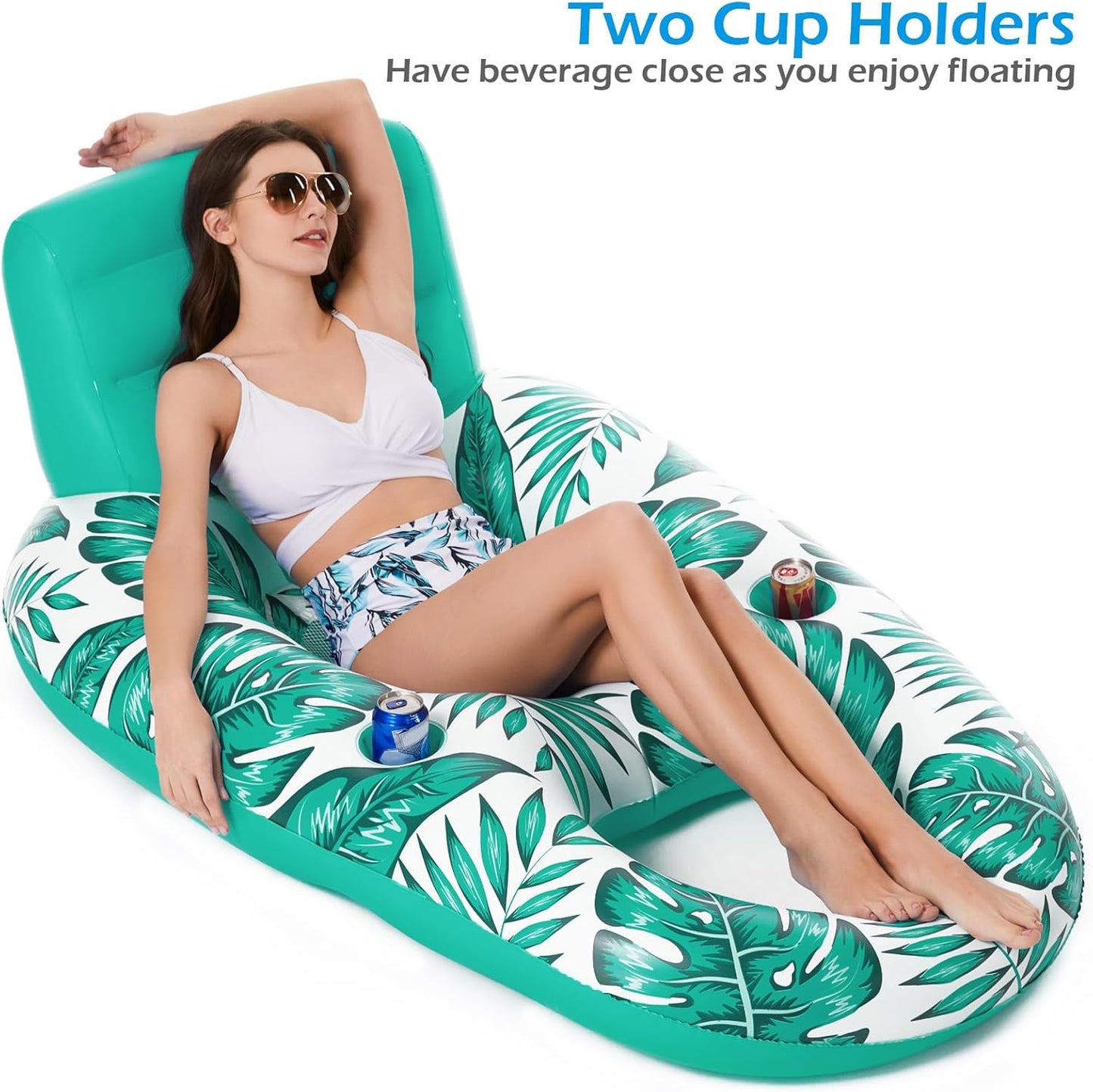 Jasonwell Inflatable Pool Float for Adults, Lounger Raft with Cup Holders, Floating Chair for Pool, Lake & Beach, Tropical Green
