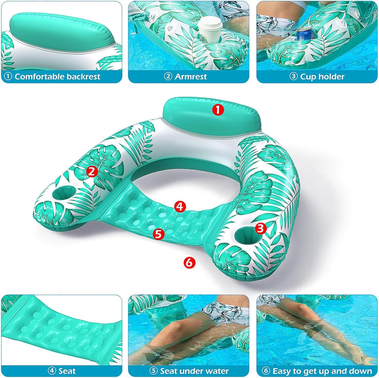 Jasonwell Inflatable Pool Float Chair, X-Large, Tropical Green Floating Lounge Chair with Cup Holder for Adults, Pool Party Floaty