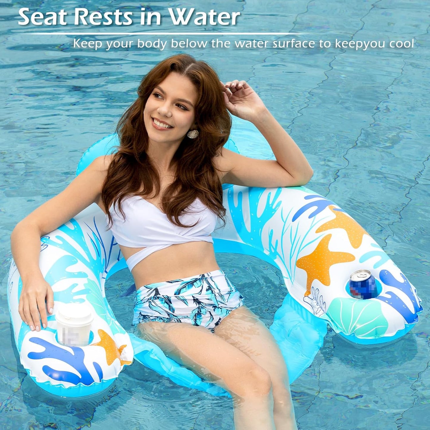 Jasonwell Inflatable Pool Float Chair, Large, Ocean Blue Floating Lounge Chair with Cup Holder for Adults, Pool Party Floaty