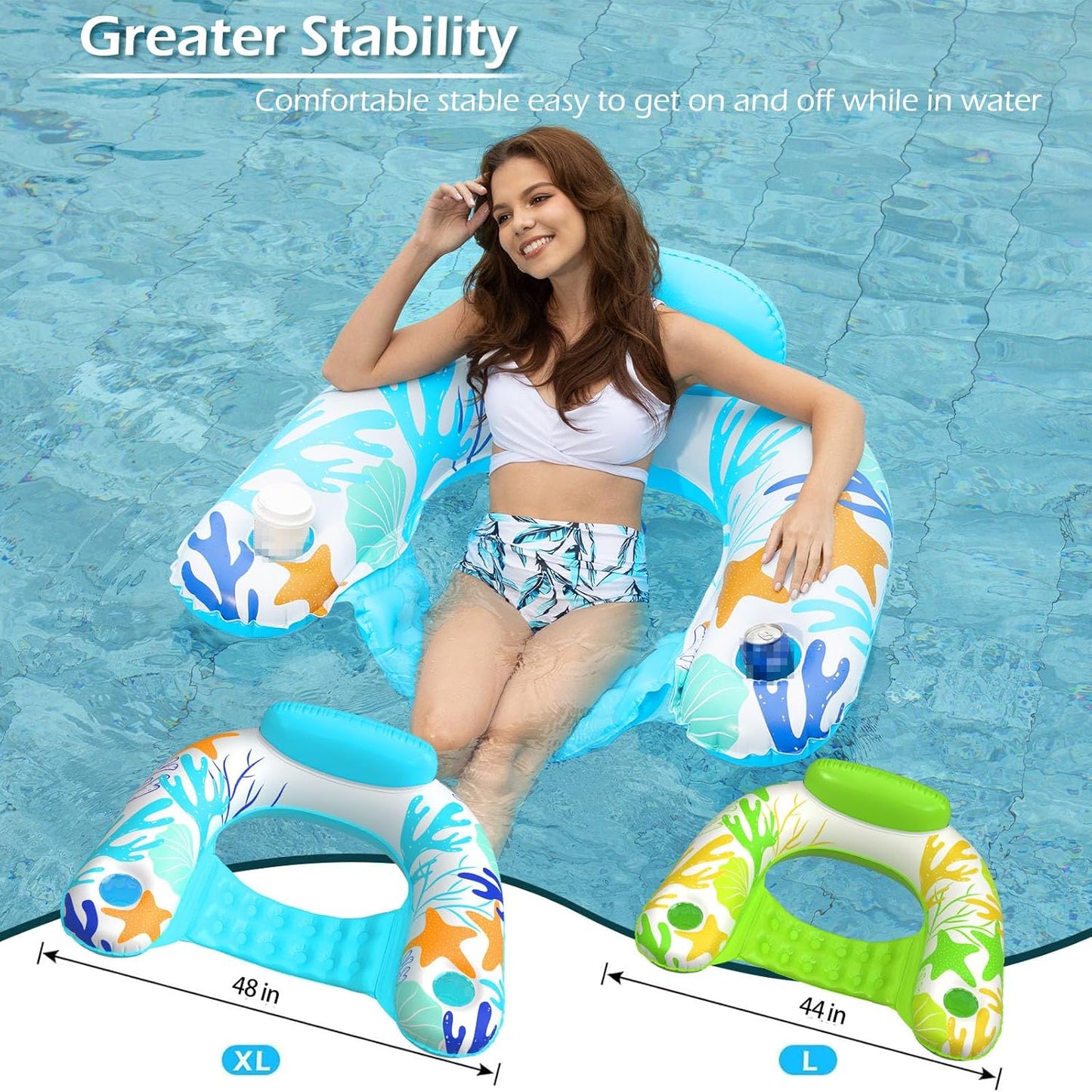 Jasonwell Inflatable Pool Float Chair, X-Large, Ocean Blue with Cup Holders for Adults, Pool Lounger & Party Floaty