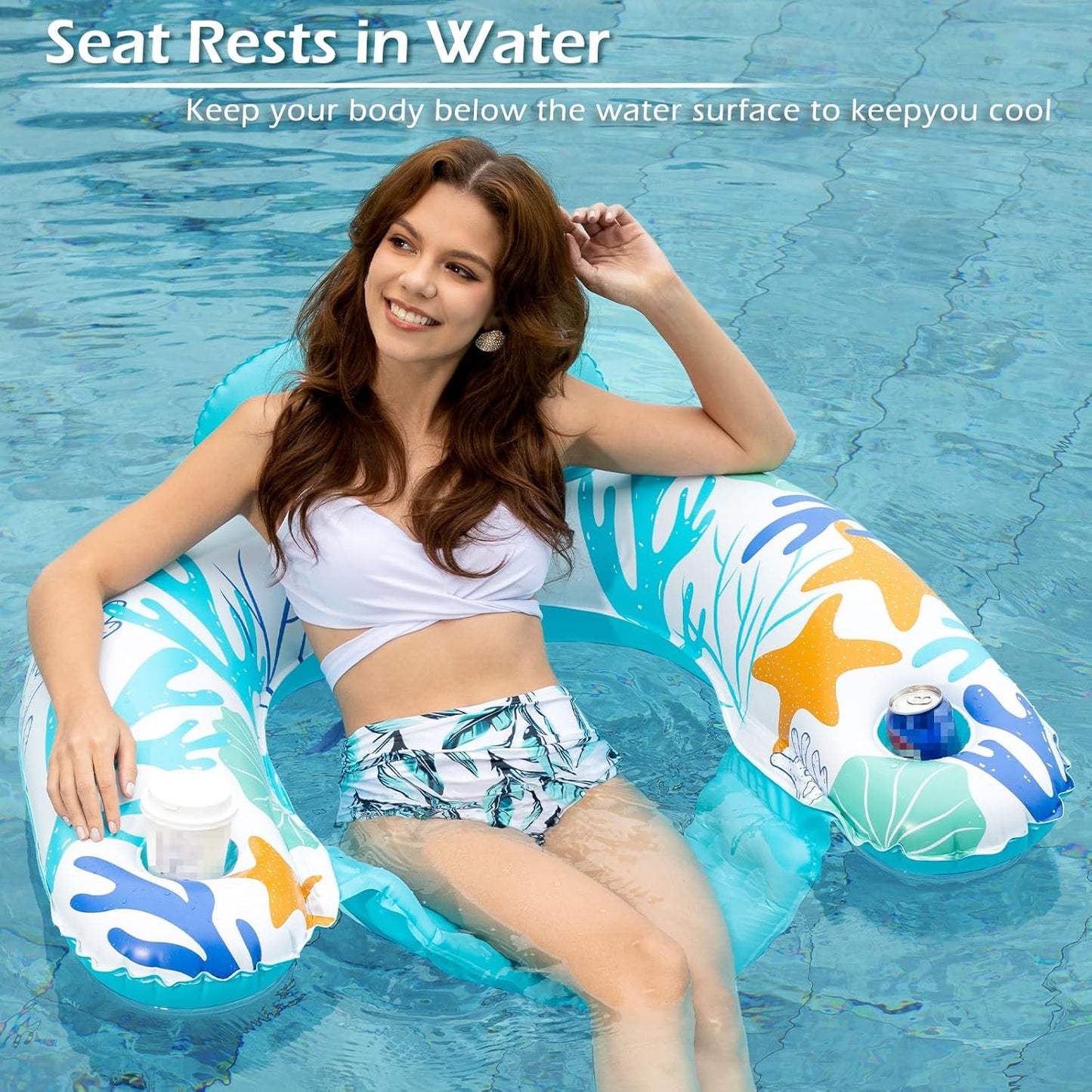 Jasonwell Inflatable Pool Float Chair, Large, Floating Lounge Chair with Cup Holder for Adults, Ocean Green Pool Floaty
