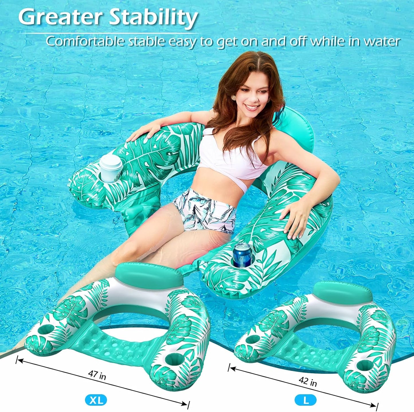 Jasonwell Inflatable Pool Float Chair, Large, Tropical Green Floating Lounge Chair with Cup Holder for Adults, Pool Party Floaty