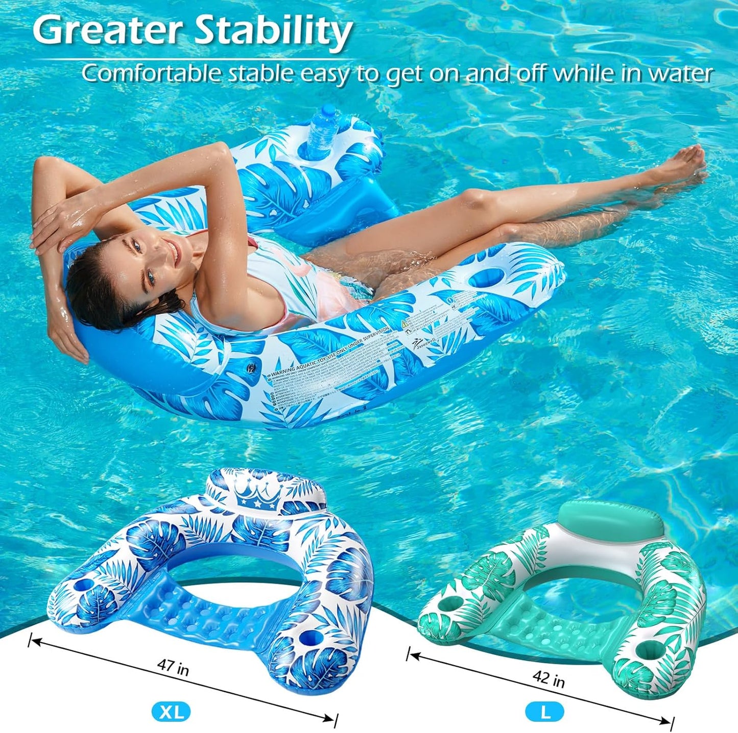 Jasonwell Inflatable Pool Float Chair 2-Pack, Large, Floating Lounge Chairs with Cup Holders for Adults, Blue & Green
