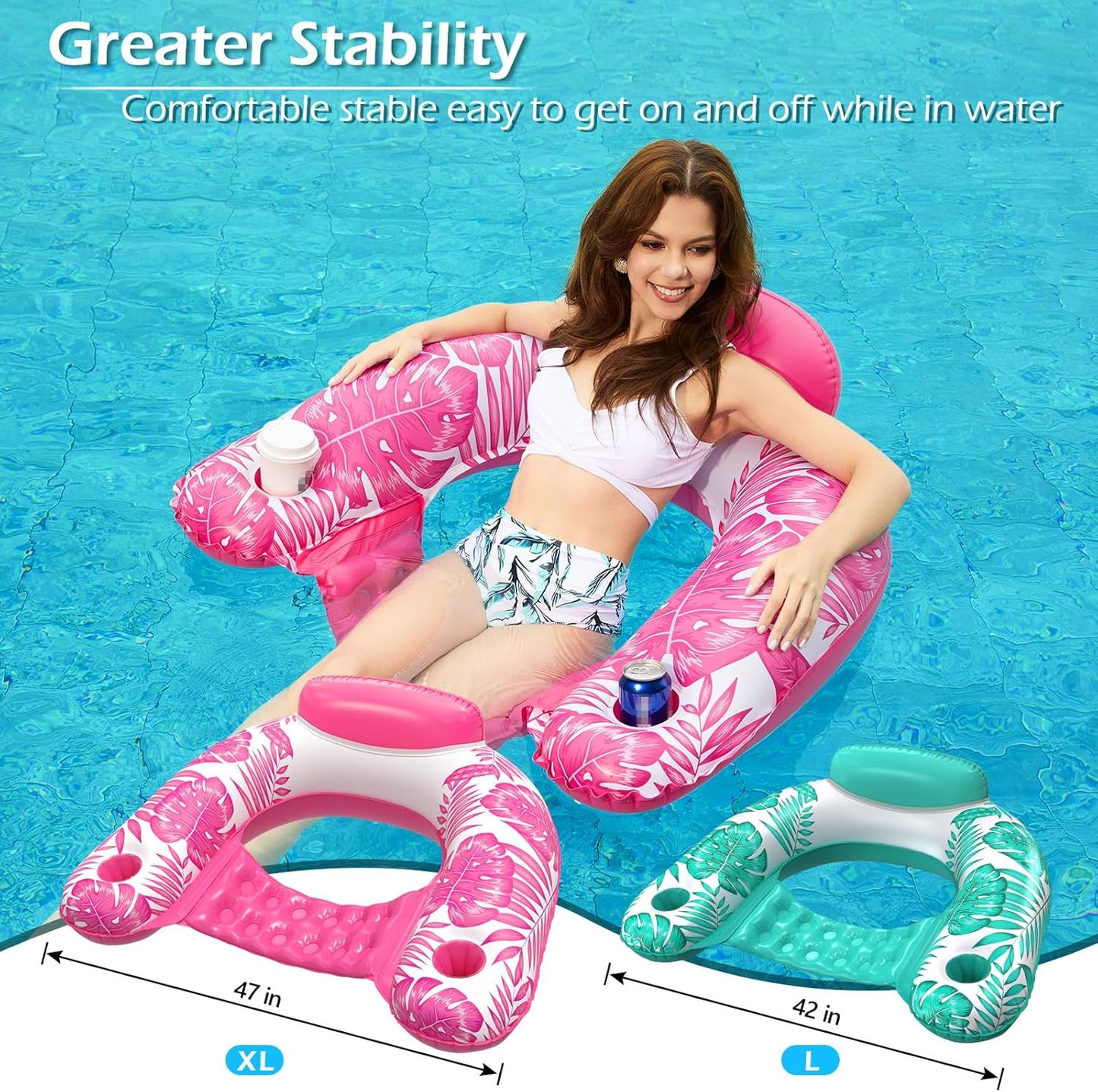 Jasonwell Inflatable Pool Float Chair 2-Pack, X-Large, Floating Lounge Chairs with Cup Holders for Adults, Green & Rose
