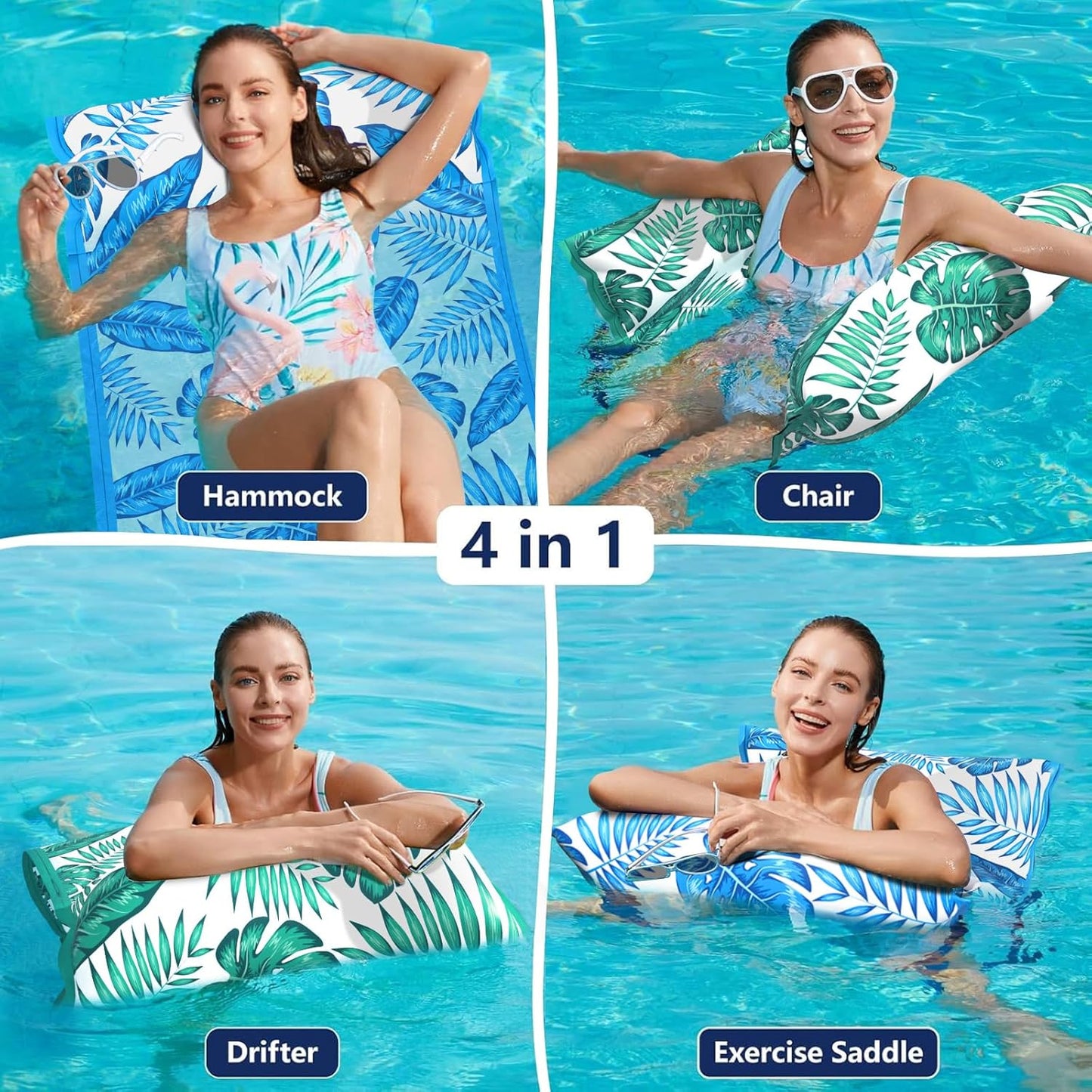 Jasonwell 2-Pack Water Hammock Pool Floats - 4-in-1 Inflatable Lounge Chair, Saddle, Drifter, Blue & Green, Ideal for Pool, Lake & Beach