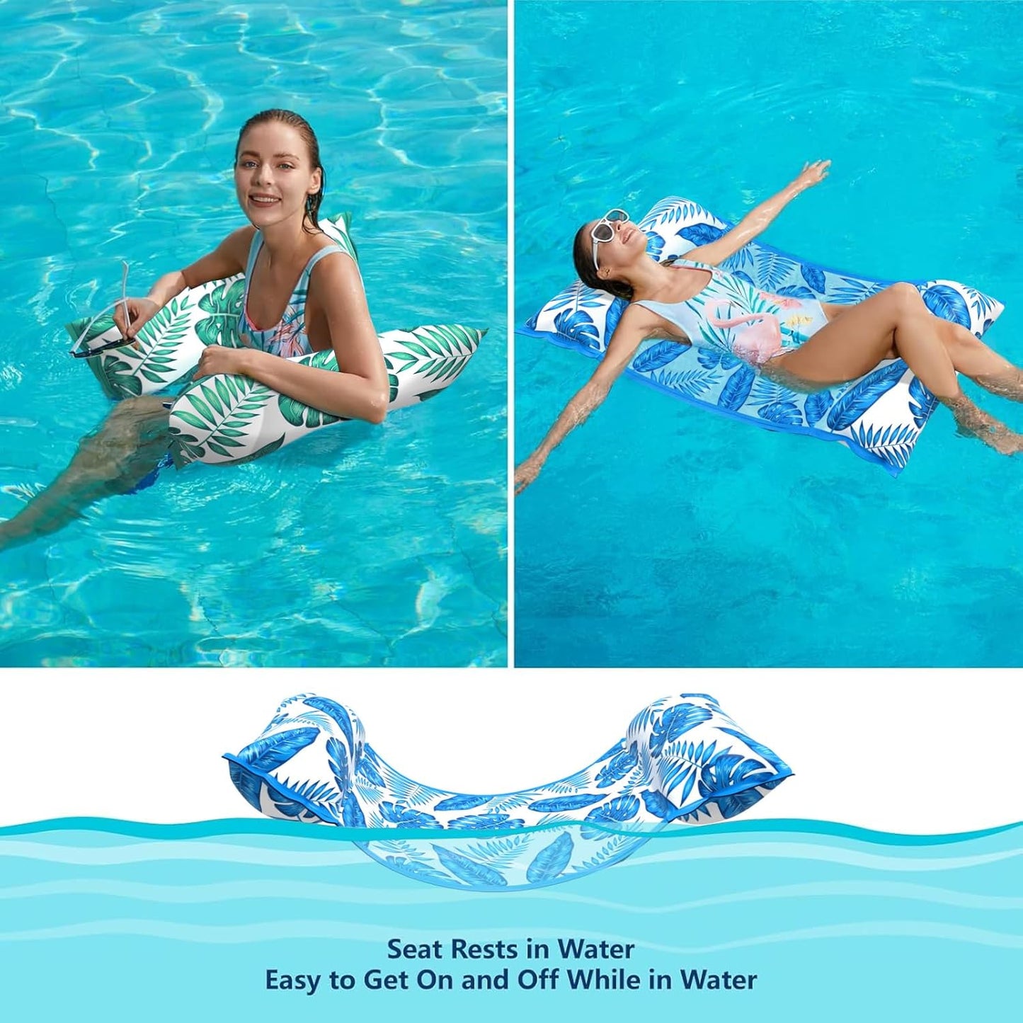 Jasonwell 2-Pack Water Hammock Pool Floats - 4-in-1 Inflatable Lounge Chair, Saddle, Drifter, Blue & Green, Ideal for Pool, Lake & Beach