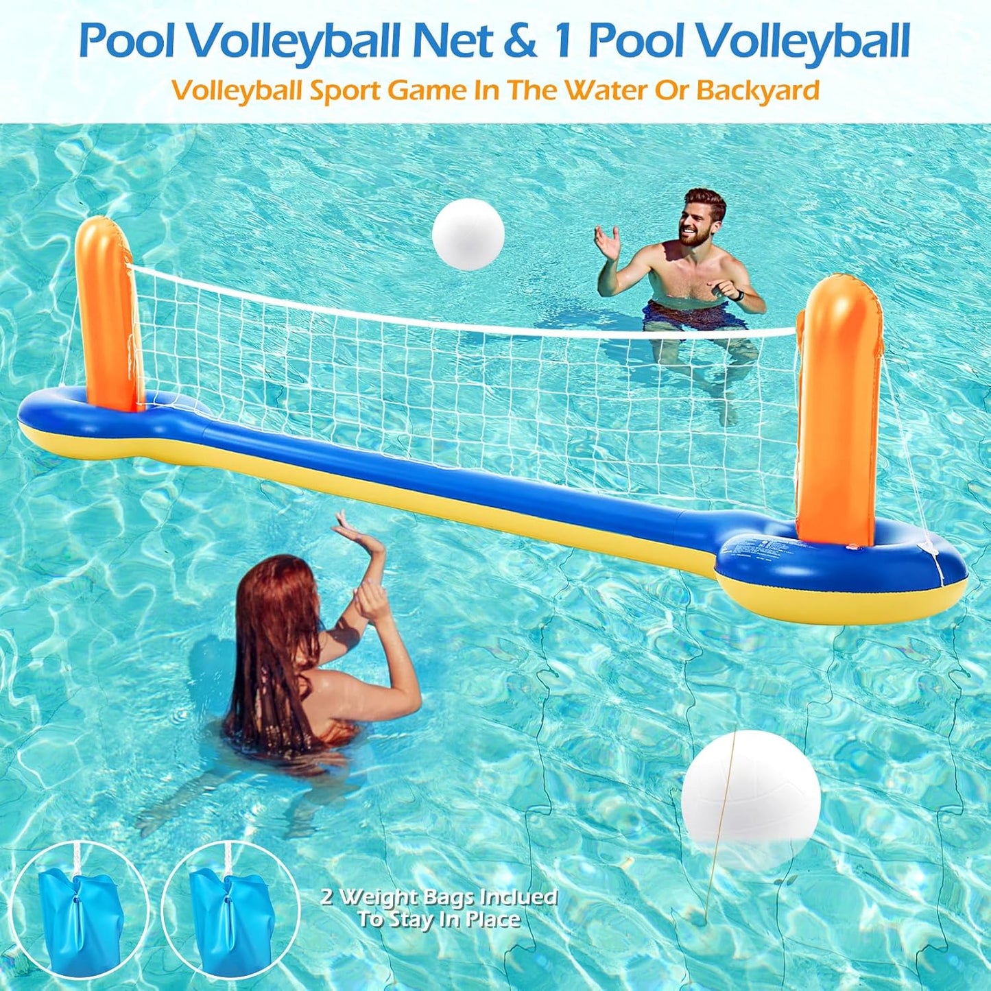 Jasonwell XL 126" Orange Pool Toys Set - 3-in-1 Volleyball Net, Basketball Hoop, Ring Toss Game, Inflatable Floats for Pool & Party Fun