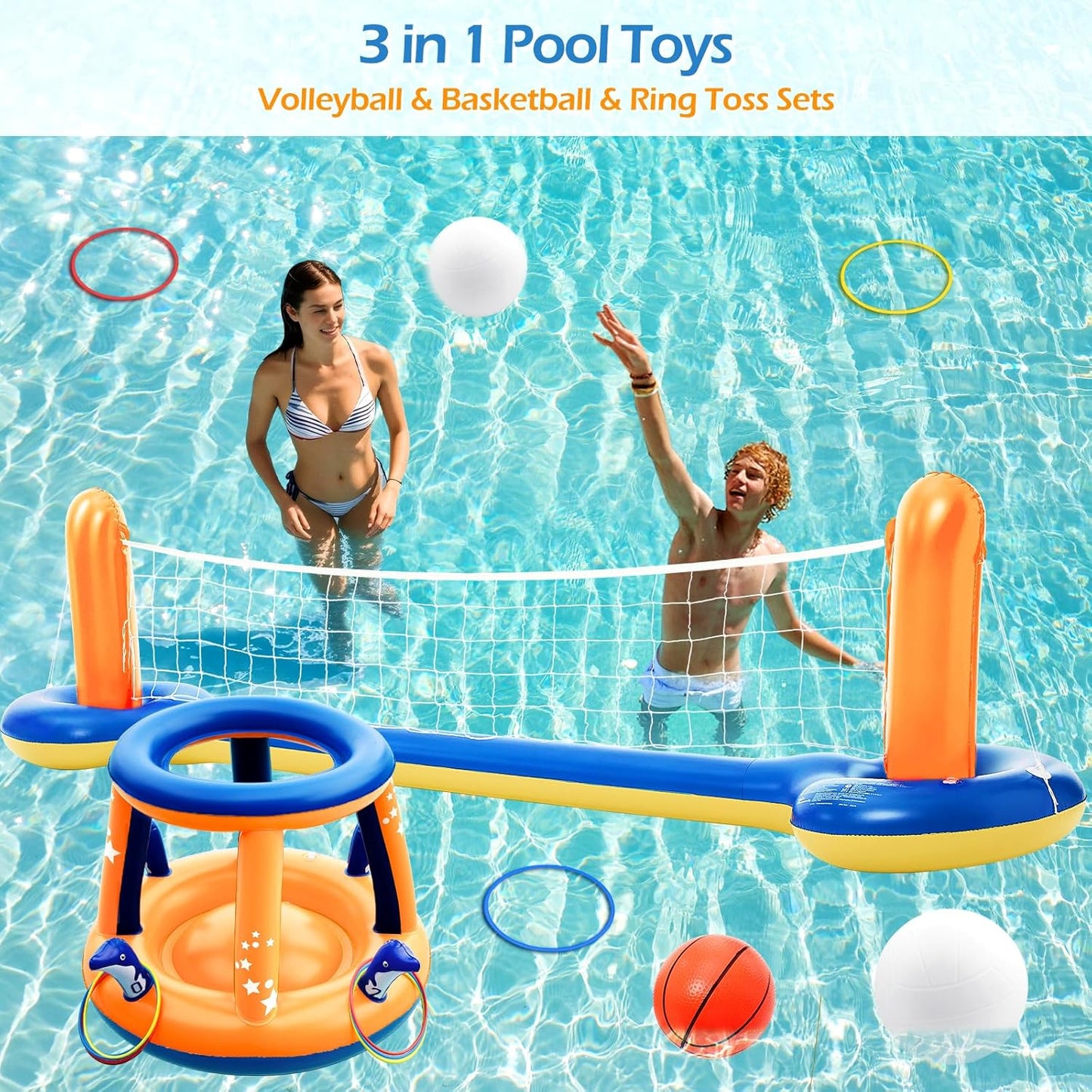Jasonwell XL 126" Orange Pool Toys Set - 3-in-1 Volleyball Net, Basketball Hoop, Ring Toss Game, Inflatable Floats for Pool & Party Fun