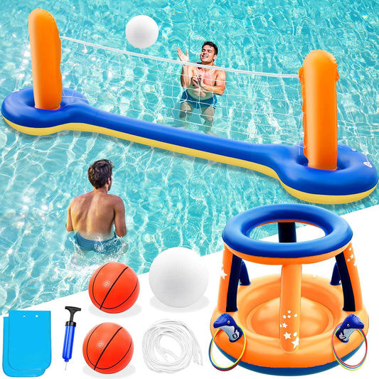 Jasonwell XL 126" Orange Pool Toys Set - 3-in-1 Volleyball Net, Basketball Hoop, Ring Toss Game, Inflatable Floats for Pool & Party Fun
