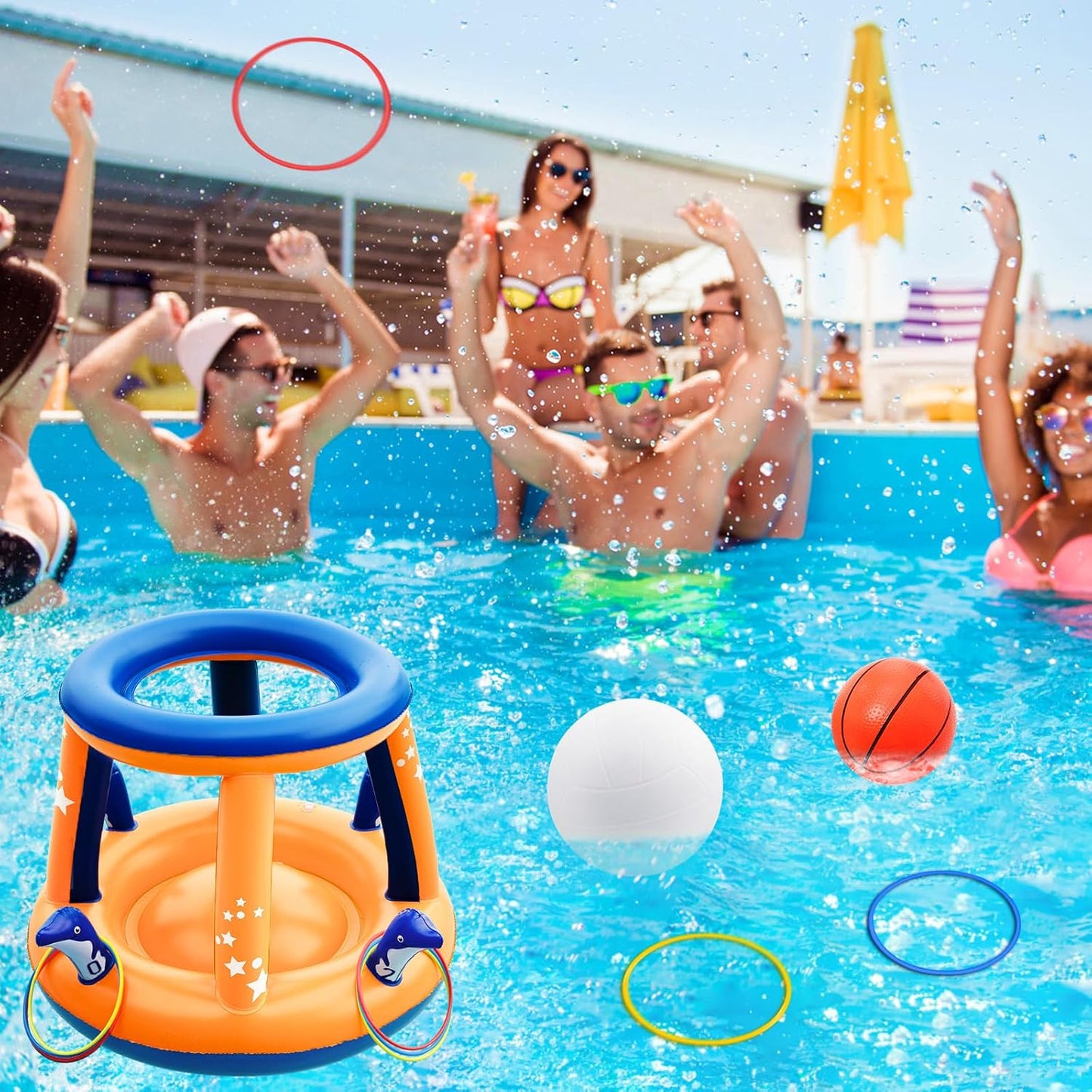 Jasonwell XL 126" Orange Pool Toys Set - 3-in-1 Volleyball Net, Basketball Hoop, Ring Toss Game, Inflatable Floats for Pool & Party Fun