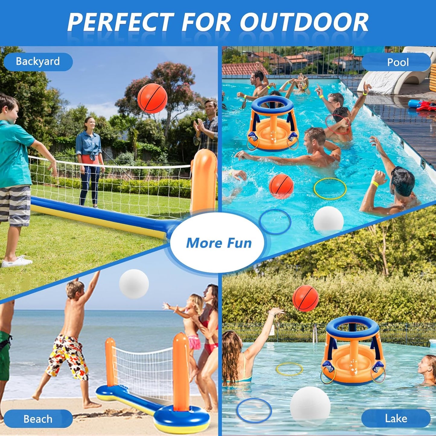 Jasonwell XL 126" Orange Pool Toys Set - 3-in-1 Volleyball Net, Basketball Hoop, Ring Toss Game, Inflatable Floats for Pool & Party Fun