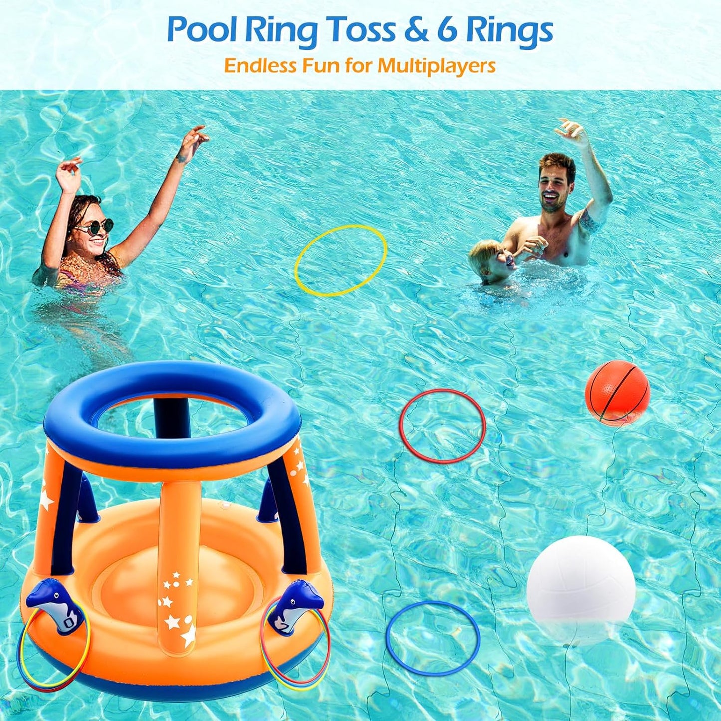 Jasonwell XL 126" Orange Pool Toys Set - 3-in-1 Volleyball Net, Basketball Hoop, Ring Toss Game, Inflatable Floats for Pool & Party Fun