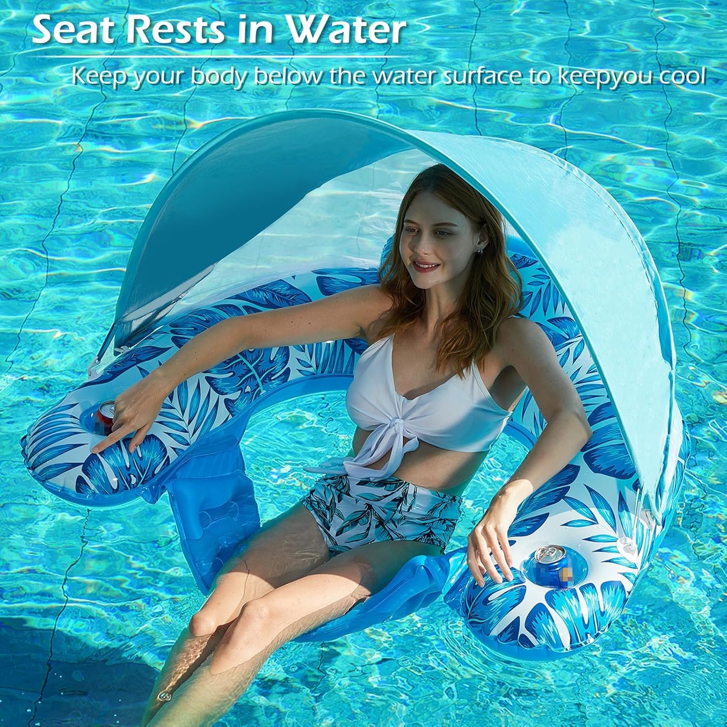 Jasonwell X-Large Blue Pool Float with Canopy, Inflatable Adult Pool Chair Lounge with Cup Holders, Floating Water Chair for Swimming & Parties