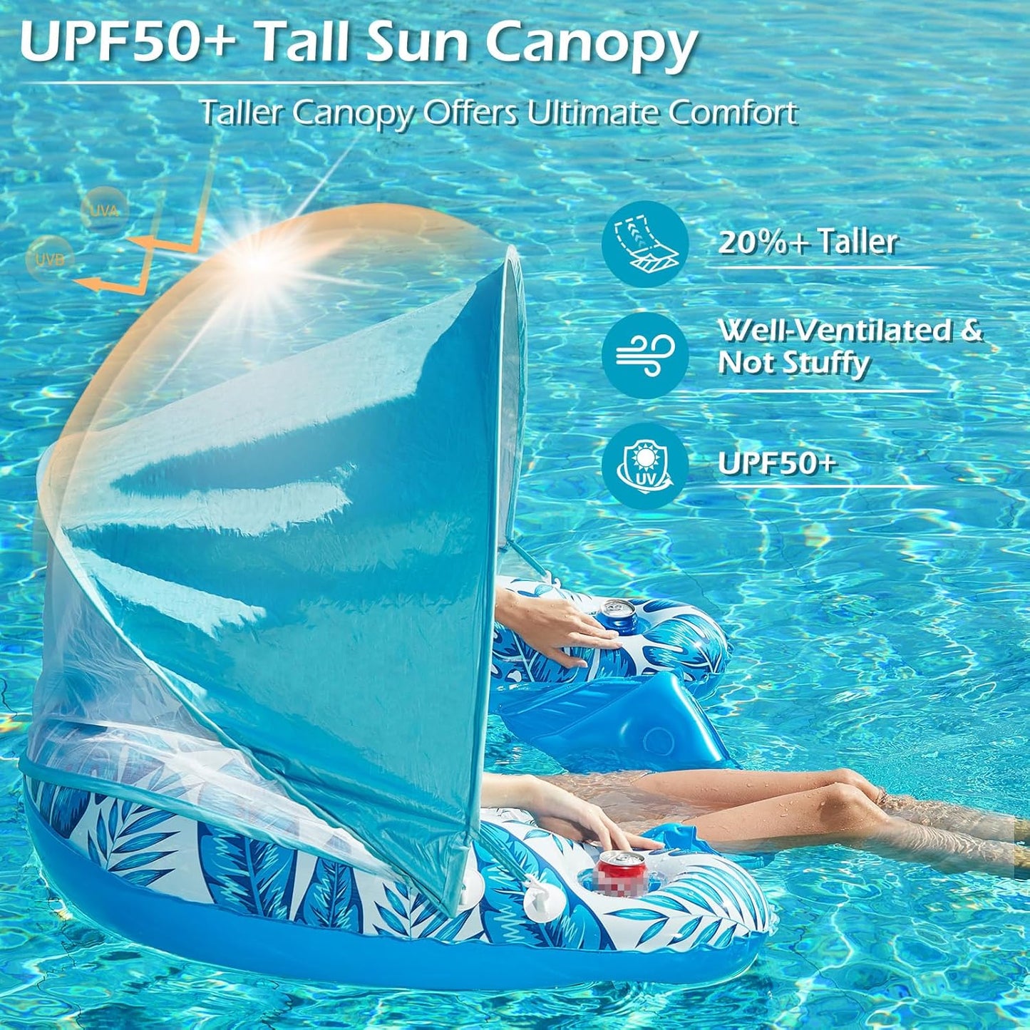 Jasonwell X-Large Blue Pool Float with Canopy, Inflatable Adult Pool Chair Lounge with Cup Holders, Floating Water Chair for Swimming & Parties