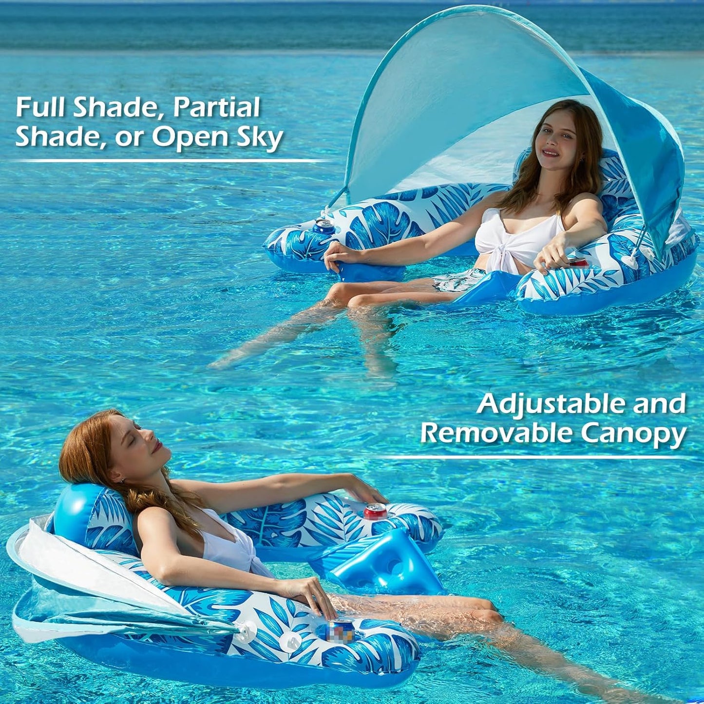 Jasonwell X-Large Blue Pool Float with Canopy, Inflatable Adult Pool Chair Lounge with Cup Holders, Floating Water Chair for Swimming & Parties