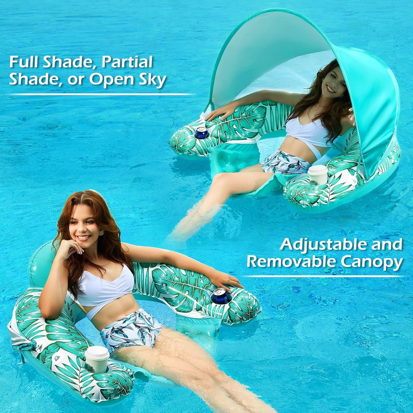 Jasonwell X-Large Green Pool Float with Canopy, Inflatable Adult Pool Chair Lounge with Cup Holders, Floating Water Chair for Swimming & Parties