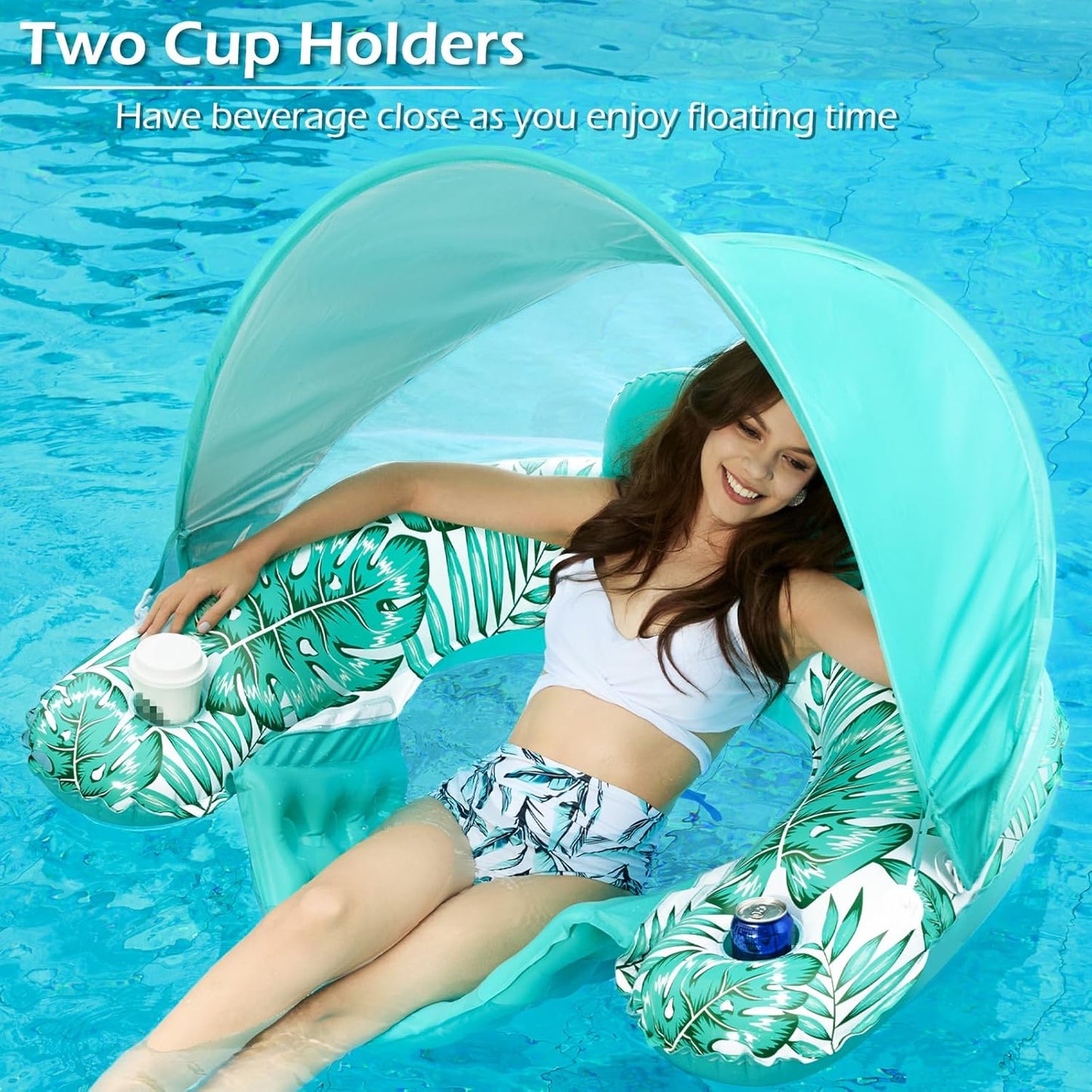 Jasonwell X-Large Green Pool Float with Canopy, Inflatable Adult Pool Chair Lounge with Cup Holders, Floating Water Chair for Swimming & Parties