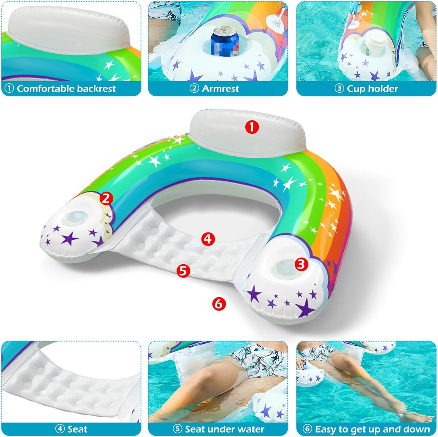 Jasonwell Large Rainbow Pool Float with Canopy, Inflatable Adult Pool Chair Lounge with Cup Holders, Floating Water Chair for Swimming & Parties