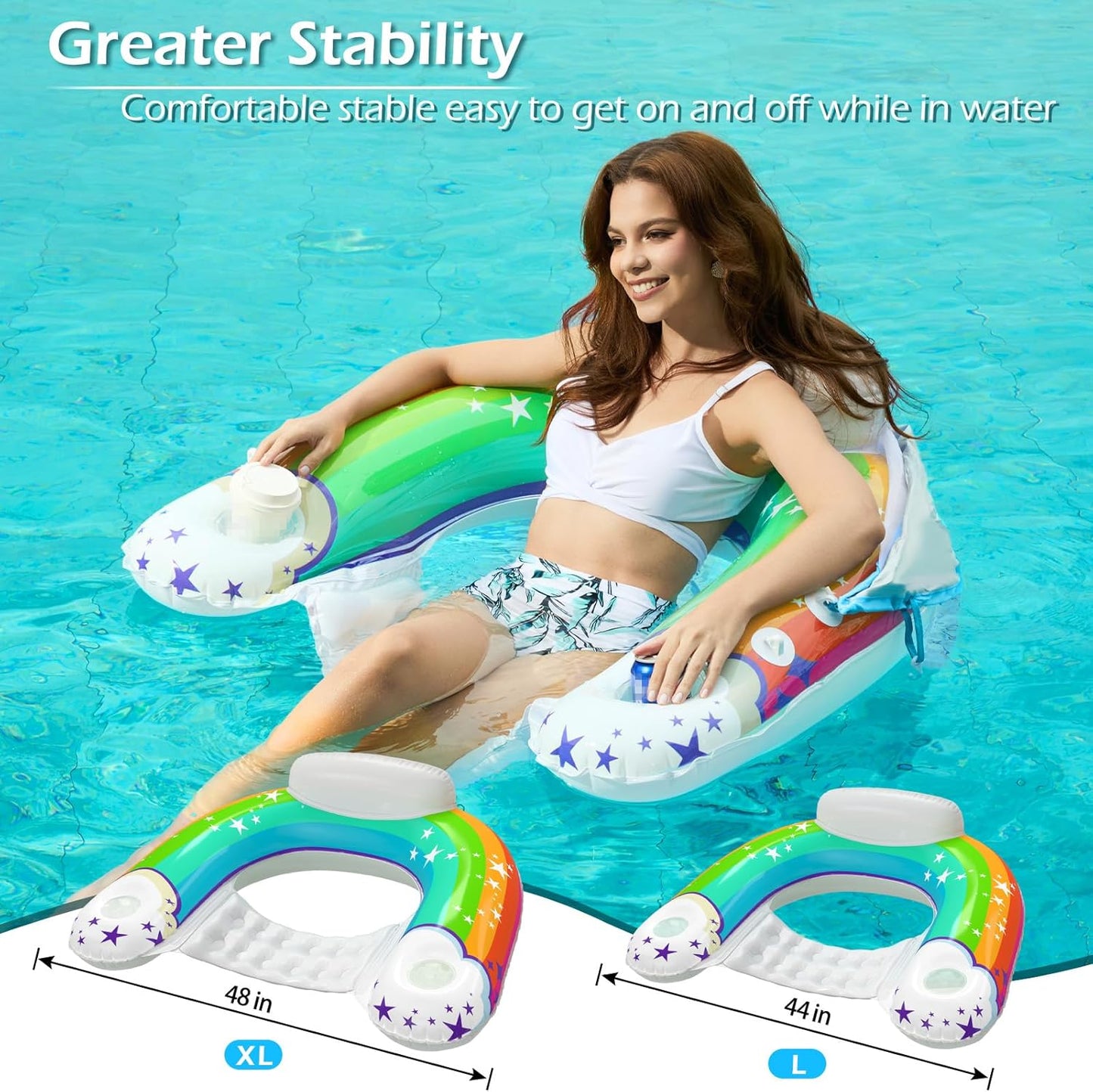 Jasonwell Large Rainbow Pool Float with Canopy, Inflatable Adult Pool Chair Lounge with Cup Holders, Floating Water Chair for Swimming & Parties