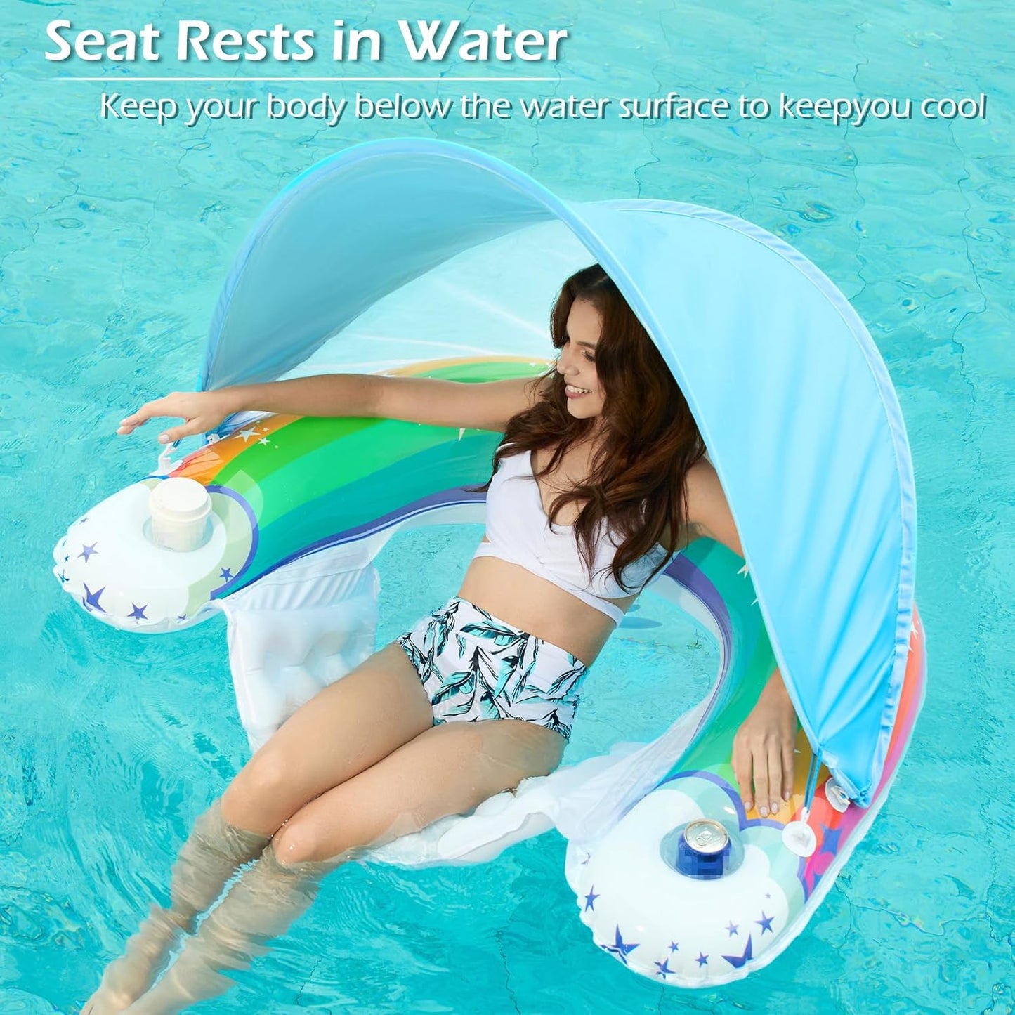 Jasonwell Large Rainbow Pool Float with Canopy, Inflatable Adult Pool Chair Lounge with Cup Holders, Floating Water Chair for Swimming & Parties