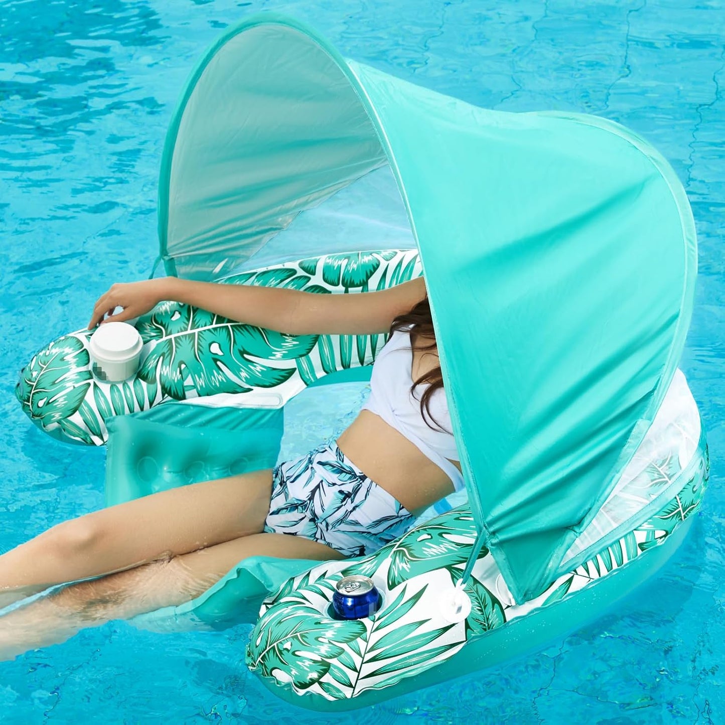 Jasonwell Large Rose Pool Float with Canopy, Inflatable Adult Pool Chair Lounge with Cup Holders, Floating Water Chair for Swimming & Parties